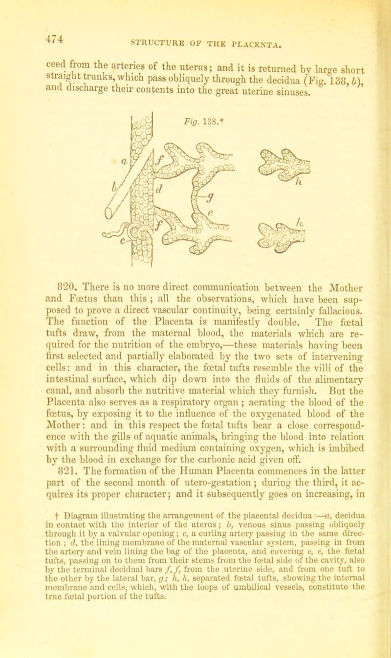 STRUCTURE OP THE PLACENTA. ceed from the artcnes of the uterus; and it is returned bv large short straight trunks, which pass obliquely through the decidua (Kg 138 b) and discharge their contents into the great uterine sinuses. 820. There is no more direct communication between the Mother and Foetus than this ; all the observations, which have been sup- posed to prove a direct vascular continuity, being certainly fallacious. The function of the Placenta is manifestly double. The fcetal tufts draw, from the maternal blood, the materials which are re- quired for the nutrition of the embryo,—these materials having been first selected and partially elaborated by the two sets of intervening cells: and in this character, the fcetal tufts resemble the villi of the intestinal surface, which dip down into the fluids of the alimentary canal, and absorb the nutritive material which they furnish. But the Placenta also serves as a respiratory organ ; aerating the blood of the fetus, by exposing it to the influence of the oxygenated blood of the Mother: and in this respect the fcetal tufts bear a close correspond- ence with the gills of aquatic animals, bringing the blood into relation With a surrounding fluid medium containing oxygen, which is imbibed by the blood in exchange for the carbonic acid given off. 8*21. The formation of the Human Placenta commences in the latter part of the second month of utero-gestation; during the third, it ac- quires its proper character; and it subsequently goes on increasing, in t Diagram illustrating the arrangement of the placental decidua:—«, decidua in contact with the interior of the uterus; b, venous sinus passing obliquely through it by a valvular opening; c, a curling artery passing in the same direc- tion ; ii, the lining membrane of the maternal vascular system, passing in from the artery and vein lining the bag of the placenta, and covering e, c, the fcetal tufts, passing on to them from their steins from the fonts! side of the cavity, also by the terminal decidual bars /, f, from the uterine side, and from one tuft to the other by the lateral bar, g; h, h, separated fcetal tufts, showing the internal membrane and cells, which, with the loops of umbilical vessels, constitute the true foetal portion of the tufts.