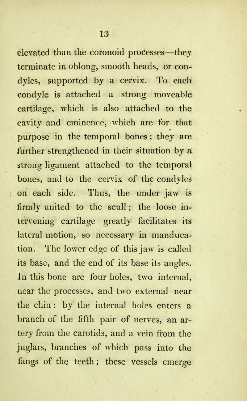 15 elevated than the coronoid processes—they terminate in oblong, smooth heads, or con- dyles, supported by a cervix. To each condyle is attached a strong moveable cartilage, which is also attached to the cavity and eminence, which are for that purpose in the temporal bones; they are further strengthened in their situation by a strong ligament attached to the temporal bones, and to the cervix of the condyles on each side. Thus, the under jaw is firmly united to the scull; the loose in- tervening cartilage greatly facilitates its lateral motion, so necessary in manduca- tion. The lower edge of this jaw is called its base, and the end of its base its angles. In this bone are four holes, two internal, near the processes, and two external near the chin : by the internal holes enters a branch of the fifth pair of nerves, an ar- tery from the carotids, and a vein from the juglars, branches of which pass into the fangs of the teeth; these vessels emerge