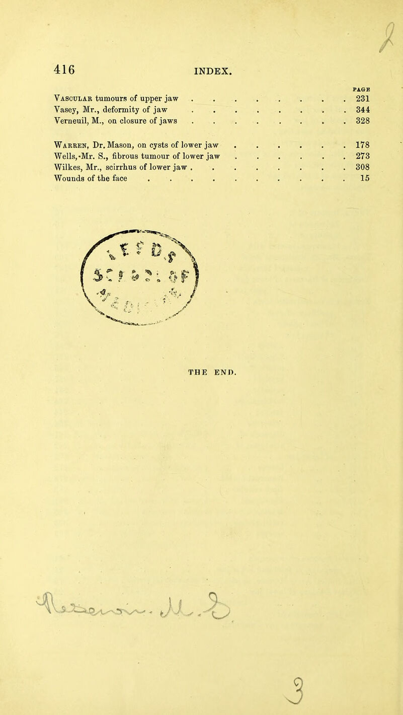 Vascular tumours of upper jaw ........ 231 Vasey, Mr., deformity of jaw ........ 344 Verneuil, M., on closure of jaws .... .... 328 Warren, Dr. Mason, on cysts of lower jaw ...... 178 Wells,-Mr. S., fibrous tumour of lower jaw ...... 273 Wilkes, Mr., scirrhus of lower jaw ........ 308 Wounds of the face 15 THE END.
