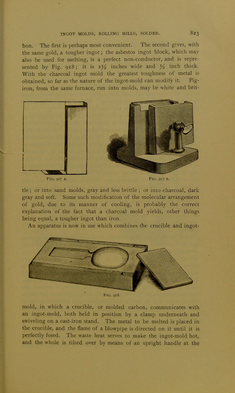 bon. The first is perhaps most convenient. The second gives, with the same gold, a tougher ingot; the asbestos ingot block, which may also be used for melting, is a perfect non-conductor, and is repre- sented by Fig. 918; it is 2^ inches wide and y2 inch thick. With the charcoal ingot mold the greatest toughness of metal is obtained, so far as the nature of the ingot-mold can modify it. Pig- iron, from the same furnace, run into molds, may be white and brit- Fig. 917 a. Fig. 917 b. tie; or into sand molds, gray and less brittle ; or into charcoal, dark gray and soft. Some such modification of the molecular arrangement of gold, due to its manner of cooling, is probably the correct explanation of the fact that a charcoal mold yields, other things being equal, a tougher ingot than iron. An apparatus is now in use which combines the crucible and ingot- Fig. 918. mold, in which a crucible, or molded carbon, communicates with an ingot-mold, both held in position by a clamp underneath and swiveling on a cast-iron stand. The metal to be melted is placed in the crucible, and the flame of a blowpipe is directed on it until it is perfectly fused. The waste heat serves to make the ingot-mold hot, and the whole is tilted over by means of an upright handle at the