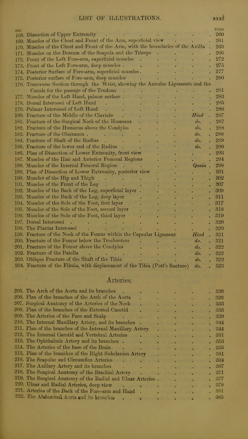 Fia. 108. 1G9. 170. 171. 172. 173. 174. 175. 170. 177. 178. 179. 180. 181. 182. 183. 184. 185. 186. 187. 188. 189. 190. 191. 192. 193. 194. 195. 190. 197. 198. 199. 200. 201. 202. 203. 204. 205. 206. 207. 208. 209. 210. 211. 212. 213. 214. 215. 216. 217. 218. 219. 220. 221. 222. Dissection of Upper Extremity ...... Muscles of the Chest and Front of the Ann, superficial view Mdscles of the Chest and Front of the Arm, with the boundaries of the Axilla Muscles on the- Dorsum of the-Scapula and the Triceps Front of the Left Fore-arm, superficial muscles .... Front of the Left Fore-arm, deep muscles ..... Posterior Surface of Fore-arm, superficial muscles .... Posterior surface of Fore-arm, deep muscles .... Transverse Section through the Wrist, showing the Annular Ligaments and t Canals for the passage of the Tendons ..... Muscles of the Left Hand, palmar surface ..... •Dorsal Interossei of Left Hand ...... Palmar Interossei of Left Hand ...... Fracture of the Middle of the Clavicle .... Hind Fracture of the Surgical Neck of the Humerus . . . do. Fracture of the Humerus above the Condyles . . . do. Fracture of the Olecranon ...... do. Fracture of Shaft of the Radius ..... do. Fracture of the' lower end of the Radius ... * do. Plan of Dissection of Lower Extremity, front view Muscles of the Iliac and Anterior Femoral Regions Muscles of the Internal Femoral Region .... Quain Plan of Dissection of Lower Extremity, posterior view MuscleS of the Hip and Thigh Muscles of the Front of the Leg Muscles of the Back of the Leg, superficial layer . Muscles of the Back of the Leg, deep layer Muscles of the Sole of the Foot, first layer Muscles of the Sole of the Foot, second layer Muscles of the Sole of the Foot, third layer Dorsal Interossei ..... The Plantar Interossei .... Fracture of the Neck of the Femur within the Capsular Ligament Hind Fracture of the Femur below the Trochanters ... do. Fracture of the Femur above the Condyles . . . do. Fracture of the Patella ...... do. Oblique Fracture of the Shaft of the Tibia ... do. Fracture of the Fibula, with displacement of the Tibia (Pott’s fracture) do. Arteries. The Arch of the Aorta and its branches Plan of the branches of the Arch of the Aorta Surgical Anatomy of the Arteries of the Neck Plan of the branches of the External Carotid The Arteries of the Face and Scalp The Internal Maxillary Artery, and its branches . Plan of the branches of the Internal Maxillary Artery The Internal Carotid and Vertebral Arteries The Ophthalmic Artery and its branches . The Arteries of the base of the Brain Plan of the branches of the Right Subclavian Artery The Scapular and Circumflex Arteries The Axillary Artery and its branches The Surgical Anatomy of the Brachial Artery The Surgical Anatomy of the Radial and Ulnar Arteries Ulnar and Radial Arteries, deep view Arteries of the Back of the Fore-arm and Hand The Abdominal Aorta and its branches . . PACK 260 261 263 266 272 275 277 280 281 283 285 286 287 287 288 288 289 290 293 294 298 301 302 307 309 311 317 318 319 320 320 321 321 322 322 322 323 326 326 333 333 339 344 344 351 353 355 361 364 367 371 377 378 381 38o