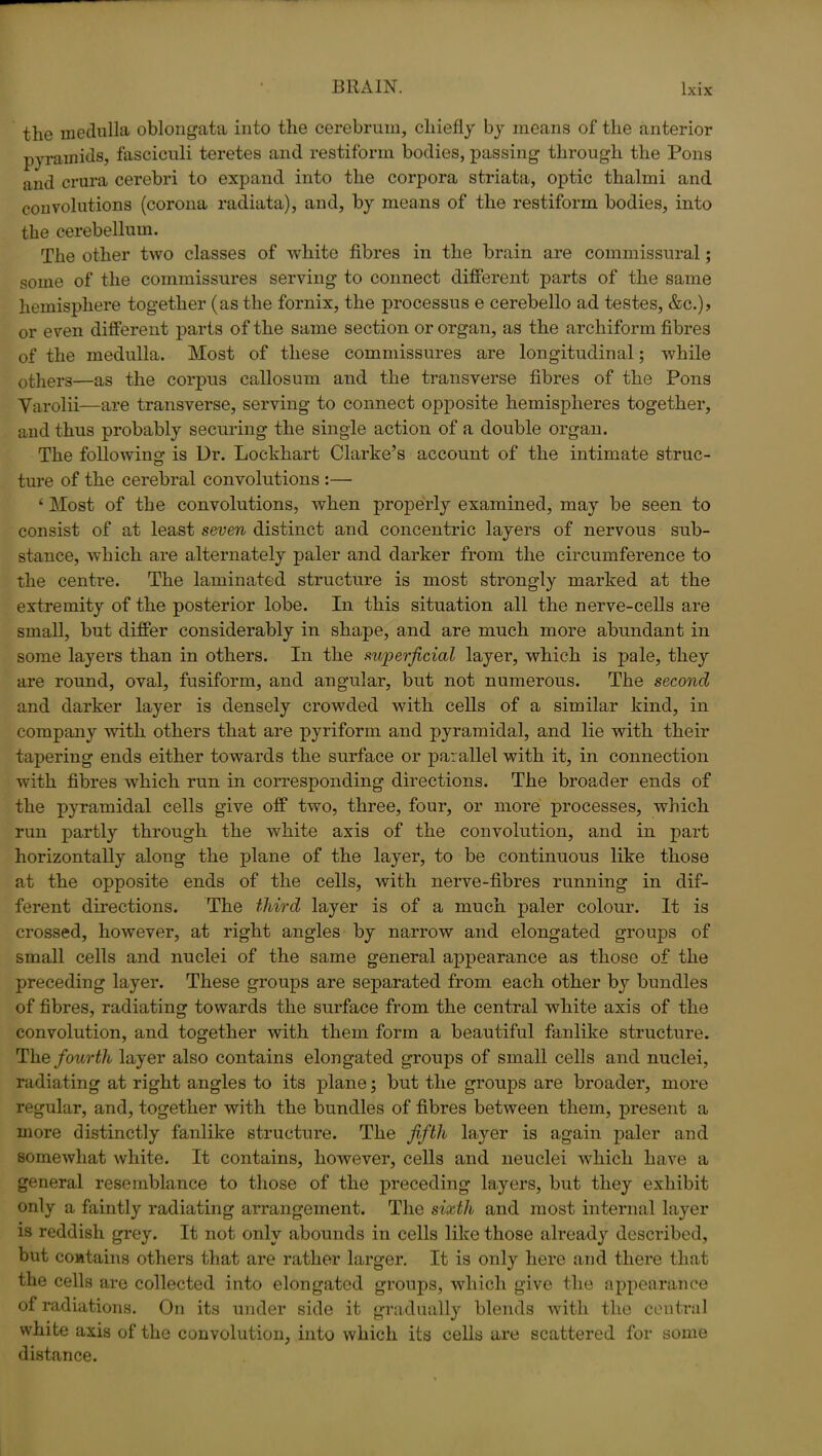the medulla oblongata into the cerebrum, chiefly by means of the anterior pyramids, fasciculi teretes and restiform bodies, passing through the Pons and crura cerebri to expand into the corpora striata, optic thalmi and convolutions (corona radiata), and, by means of the restiform bodies, into the cerebellum. The other two classes of white fibres in the brain are commissural; some of the commissures serving to connect different parts of the same hemisphere together (as the fornix, the processus e cerebello ad testes, &c.)> or even different parts of the same section or organ, as the archiform fibres of the medulla. Most of these commissures are longitudinal; while others—as the corpus callosum and the transverse fibres of the Pons Varolii—are transverse, serving to connect opposite hemispheres together, and thus probably securing the single action of a double organ. The following is Dr. Lockhart Clarke’s account of the intimate struc- ture of the cerebral convolutions :— c Most of the convolutions, when properly examined, may be seen to consist of at least seven distinct and concentric layers of nervous sub- stance, which are alternately paler and darker from the circumference to the centre. The laminated structure is most strongly marked at the extremity of the posterior lobe. In this situation all the nerve-cells are small, but differ considerably in shape, and are much more abundant in some layers than in others. In the superficial layer, which is pale, they are round, oval, fusiform, and angular, but not numerous. The second and darker layer is densely crowded with cells of a similar kind, in company with others that are pyriform and pyramidal, and lie with their tapering ends either towards the surface or parallel with it, in connection with fibres which run in corresponding directions. The broader ends of the pyramidal cells give off two, three, four, or more processes, which run partly through the white axis of the convolution, and in part horizontally along the plane of the layer, to be continuous like those at the opposite ends of the cells, with nerve-fibres running in dif- ferent directions. The third layer is of a much paler colour. It is crossed, however, at right angles by narrow and elongated groups of small cells and nuclei of the same general appearance as those of the preceding layer. These groups are separated from each other by bundles of fibres, radiating towards the surface from the central white axis of the convolution, and together with them form a beautiful fanlike structure. The fourth layer also contains elongated groups of small cells and nuclei, radiating at right angles to its plane; but the groups are broader, more regular, and, together with the bundles of fibres between them, present a more distinctly fanlike structure. The fifth layer is again paler and somewhat white. It contains, however, cells and neuclei which have a general resemblance to those of the preceding layers, but they exhibit only a faintly radiating arrangement. The sixth and most internal layer is reddish grey. It not only abounds in cells like those already described, but contains others that are rather larger. It is only here and there that the cells are collected into elongated groups, which give the appearance of radiations. On its under side it gradually blends with the central white axis of the convolution, into which its cells are scattered for some distance.