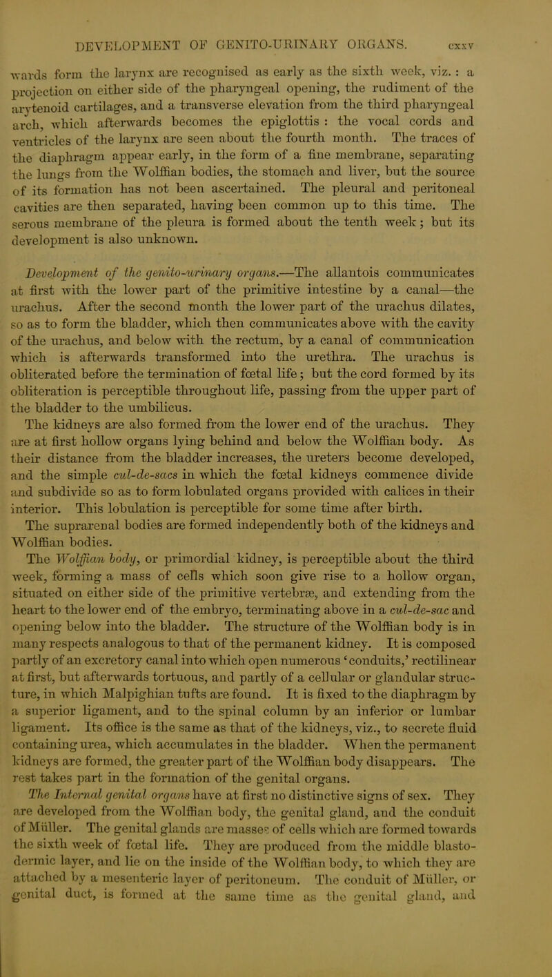 wards form the larynx are recognised as early as the sixth week, viz. : a projection on either side of the pharyngeal opening, the rudiment of the arytenoid cartilages, and a transverse elevation from the third pharyngeal arch, which afterwards becomes the epiglottis : the vocal cords and ventricles of the larynx are seen about the fourth month. The traces of the diaphragm appear early, in the form of a fine membrane, separating the lungs from the Wolffian bodies, the stomach and liver, but the source of its formation has not been ascertained. The pleural and peritoneal cavities are then separated, having been common up to this time. The serous membrane of the pleura is formed about the tenth week; but its development is also unknown. Development of the genito-urinary organs.—The allantois communicates at first with the lower part of the primitive intestine by a canal—the urachus. After the second month the lower part of the urachus dilates, so as to form the bladder, which then communicates above with the cavity of the urachus, and below with the rectum, by a canal of communication which is afterwards transformed into the urethra. The urachus is obliterated before the termination of foetal life; but the cord formed by its obliteration is perceptible throughout life, passing from the upper part of the bladder to the umbilicus. The kidneys are also formed from the lower end of the urachus. They are at first hollow organs lying behind and below the Wolffian body. As their distance from the bladder increases, the ureters become developed, and the simple cul-de-sacs in which the foetal kidneys commence divide and subdivide so as to form lobulated organs provided with calices in their interior. This lobulation is perceptible for some time after birth. The suprarenal bodies are formed independently both of the kidneys and Wolffian bodies. The Wolffia/n body, or primordial kidney, is perceptible about the third week, forming a mass of cells which soon give rise to a hollow organ, situated on either side of the primitive vertebrse, and extending from the heart to the lower end of the embryo, terminating above in a cul-de-sac and opening below into the bladder. The structure of the Wolffian body is in many respects analogous to that of the permanent kidney. It is composed partly of an excretory canal into which open numerous ‘conduits/ rectilinear at first, but afterwards tortuous, and partly of a cellular or glandular struc- ture, in which Malpighian tufts are found. It is fixed to the diaphragm by a superior ligament, and to the spinal column by an inferior or lumbar ligament. Its office is the same as that of the kidneys, viz., to secrete fluid containing urea, which accumulates in the bladder. When the permanent kidneys are formed, the greater part of the Wolffian body disappears. The rest takes part in the formation of the genital organs. The Internal genital organs have at first no distinctive signs of sex. They are developed from the Wolffian body, the genital gland, and the conduit of Muller. The genital glands are masse': of cells which are formed towards the sixth week of foetal life. They are produced from the middle blasto- dermic layer, and lie on the inside of the Wolffian body, to which they are attached by a mesenteric layer of peritoneum. The conduit of Muller, or genital duct, is formed at the same time as the genital gland, and