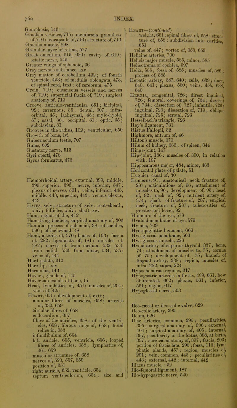 Gomphosis, 14G Graafian vesicles, 715; membrana granulosa of, 716 ; ovicapsule of, 716; structure of, 716 Gracilis muscle, 298 Granular layer of retina, 577 Great omentum, G19, 620; cavity of, 619; sciatic nerve, 549 Greater wings of sphenoid, 36 Grey nervous substance, lxv Grey matter of cerebellum, 492 ; of fourth ventricle, 493 ; of medulla oblongata, 473, of spinal cord, lxxi; of cerebrum, 475 Groin, 719; cutaneous vessels and nerves of, 719; superficial fascia of, 719; surgical anatomy of, 719 Groove, auriculo-ventricular, 651; bicipital, 92; cavernous, 35; dental, 607 ; infra- orbital, 45; lachrymal, 45 ; mylo-hyoid, 57; nasal, 36; occipital, 31; optic, 35; subclavian, 81 Grooves in the radius, 102 ; ventricular, 650 Growth of bone, lvi Gubernaculum testis, 707 Gums, 602 Gustatory nerve, 513 Gyri operti, 478 Gyrus fornicatus, 476 Haemorrhoidal artery, external, 399, middle, 399, superior, 393; nerve, inferior, 547; plexus of nerves, 561; veins, inferior, 443, middle, 443, superior, 443; venous plexus, 443 Hairs, xciv; structure of, xciv; root-sheath, xciv ; follicles, xciv ; shaft, xcv Ham, region of the, 412 Hamstring tendens, surgical anatomy of, 306 Hamular process of sphenoid, 38 ; of cochlea, 596 ; of lachrymal, 48 Hand, arteries of, 376; bones of, 103; fascia of, 282; ligaments of, 181 ; muscles of, 282; nerves of, from median, 532, 534, from radial, 536, from ulnar, 534, 535; veins of, 444 Hard palate, 610 Hare-lip, cxiv Harmonia, 146 Havers, glands of, 145 Haversian canals of bone, lii Head, lymphatics of, 451; muscles of, 204; veins of, 425 Heart, 651; development of, cxix; annular fibres of auricles, 658; arteries of, 330, 659 circular fibres of, 658 endocardium, 657 fibres of the auricles, 658 ; of the ventri- cles, 658; fibrous rings of, 058; foetal relics in, 653 infundibulum of, 654 left auricle, 655, ventricle, 656; looped fibres of auricles, 658; lymphatics of, 461, 659 muscular structure of, 658 nerves of, 520, 557, 659 position of, 651 right auricle, 652, ventricle, 654 septum ventriculorum, 654 ; sizo and Hear t—(continued) weight, 651; spinal fibres of, 658 ; struc- ture of, 658; subdivision into cavities 651 veins of, 447; vortex of, 658, 659 Ilelicine arteries, 700 Iielicis major muscle, 585, minor, 585 Ileliootrema of cochlea, 597 Helix, 585; fossa of, 586 ; muscleB of, 586 ; process of, 585 Hepatic artery, 387, 640; cells, 639; duct, 640, 641 ; plexus, 560; veins, 455, 638 640 Hernia, congenital, 726; direct inguinal, 726; femoral, coverings of, 734 ; descent of, 734; dissection of, 727 ; infantile, 726; inguinal, 726; dissection of, 719; oblique inguinal, 725; scrotal, 726 Hesselbacli’s triangle, 726 Hey's ligament, 731 Hiatus Fallopii, 32 Highmore, antrum of, 46 Hilton’s muscle, 670 Hilum of kidney, 686; of spleen, 644 Hinge-joint, 147 Hip-joint, 186; muscles of, 300, in relation with, 187 Hippocampus major, 484, minor, 483 Horizontal plate of palate, 51 Huguier, canal of, 30 Humerus, 91; anatomical neck, fracture of, 287 ; articulations of, 96; attachment of muscles to, 96 ; development of, 95 ; head of, 92 ; neck of, 92; nutrient artery of, 374 ; shaft of fracture of, 287 ; surgical neck, fracture of, 287; tuberosities of, greater and lesser, 92 Humours of the eye, 578 Hyaloid membrane of eye, 579 Hymen, 709 Hyo-epiglottic ligament, 666 Hyo-glossal membrane, 566 Hyo-glossus muscle, 226 Hyoid artery of superior thyroid, 337; bone, 74; attachment of muscles to, 75; cornua of, 75; development of, 75; branch of lingual artery, 338; region, muscles of, infra, 222, supra, 224 Hypochondriac regions, 617 Hypogastric arteries in foetus, 409, 661, how obliterated, 662; plexus, 561; inferior, 561; region, 617 Hypoglossal nerve, 503 Ileo-ceecal or ileo-colic valve, 629 lleo-colic artery, 390 Ileum, 626 Iliac arteries, common, 395; peculiarities, 395; surgical anatomy of, 396; external, 404 ; surgical anatomy of, 405; internal, 397, peculiarity in the foetus, 398, at birth, 397 ; surgical anatomy of, 397 ; fascia, 293; portion of fascia lata, 295 ; fossa, 113; lym- batic glands, 457; region, muscles of, 91; vein, common, 443 ; peculiarities of, 443 ; external, 442 ; internal, 442 Iliacus muscle, 292 Ilio-femoral ligament, 187 Ilio-hypogastric nerve, 540