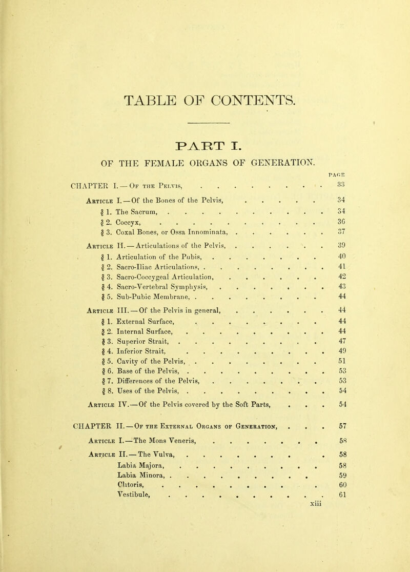 TABLE OF CONTENTS. PA^RT I. OF THE FEMALE ORGANS OF GENERATION. CHAPTER I. —Of the Pki.vis, 33 Article I. — Of the Bones of the Pelvis, ..... 34 ? 1. The Sacrum, S4 §2. Coccyx, 3G 13. Coxal Bones, or Ossa Innominata, . . . . . . 37 Article II. — Articulations of the Pelvis, . . . . ■. . 39 § 1. Articulation of the Pubis, 40 § 2. Sacro-Iliac Articulations, 41 § 3. Sacro-Coccygeal Articulation, 42 § 4. Sacro-Vertebral Symphysis, 43 § 5. Sub-Pubic Membrane, 44 Article III. — Of the Pelvis in general, ...... 44 § 1. External Surface, ........ 44 g 2. Internal Surface, 44 § 3. Superior Strait, 47 14. Inferior Strait, 49 § 5. Cavity of the Pelvis, . 51 § 6. Base of the Pelvis, 53 § 7. Differences of the Pelvis, ....... 53 2 8. Uses of the Pelvis, 54 Article IV.—Of the Pelvis covered by the Soft Parts, ... 54 CHAPTER II. — Or THE ExTER^fAL Organs of Generation, ... 67 Article I.—^The Mons Veneris, 58 Article II. — The Vulva, .58 Labia Majora, 58 Labia Minora, 59 Clitoris, . 60 Vestibule 61