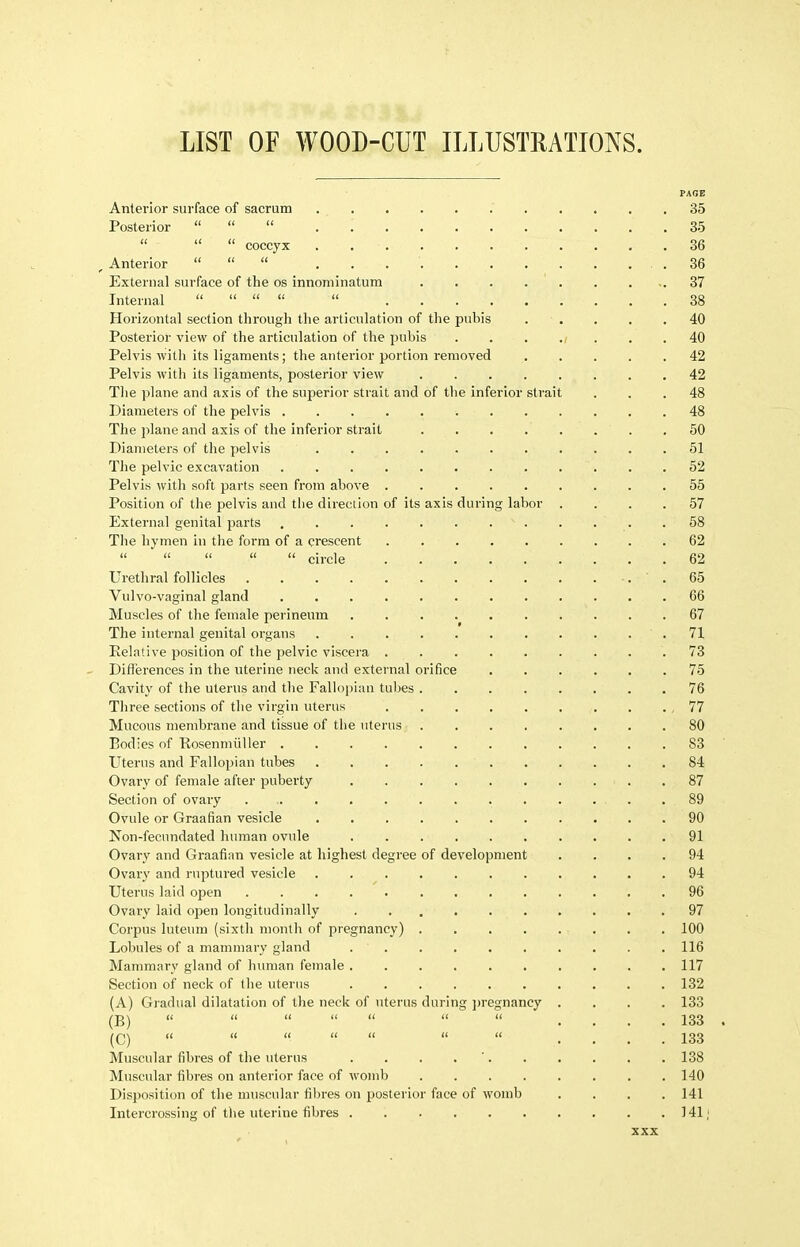 LIST OF WOOD-CUT ILLUSTRATIONS. PAGE Anterior surface of sacrum 35 Posterior «   35    coccyx 36 , Anterior « « « .36 External surface of the os innominatum 37 Internal «  «   33 Horizontal section through the articulation of the pubis . . . . .40 Posterior view of the articulation of the pubis . . . ./ . . .40 Pelvis with its ligaments ; the anterior portion removed 42 Pelvis with its ligaments, posterior view 42 The plane and axis of the superior strait and of the inferior strait ... 48 Diameters of the pelvis 48 The plane and axis of the inferior strait .50 Diameters of the pelvis 51 The pelvic excavation . . . . . . . . . . . .52 Pelvis with soft parts seen from above 55 Position of the pelvis and the direction of its axis during labor .... 57 External genital parts . 68 The hymen in the form of a crescent 62      circle 62 Urethral follicles .65 Vulvo-vaginal gland 66 Muscles of the female perineum 67 The internal genital organs . . . . . . . . . . . 71 Eelative position of the pelvic viscera 73 Differences in the nterine neck and external orifice 75 Cavity of the uterus and the Fallopian tubes 76 Three sections of the virgin uterus 77 Mucous membrane and tissue of the uterus ........ 80 Bodies of Rosenmiiller 83 Uterus and Fallopian tubes 84 Ovary of female after puberty .87 Section of ovary 89 Ovule or Graafian vesicle 90 Non-fecundated human ovule 91 Ovary and Graafian vesicle at highest degree of development .... 94 Ovary and ruptured vesicle 94 Uterus laid open 96 Ovary laid open longitudinally 97 Corpus luteum (sixth inonth of pregnancy) . . 100 Lobules of a mammary gland 116 Mammary gland of human female .117 Section of neck of the uterus . 132 (A) Gradual dilatation of the neck of uterus during ])regnancy .... 133 (B)        .... 133 . (C)    «  « « .... 133 Muscular fibres of the uterus . . . . ' 138 Muscular fibres on anterior face of womb 140 Disposition of the muscular fibres on posterior face of womb .... 141 Intercrossing of the uterine fibres 141;