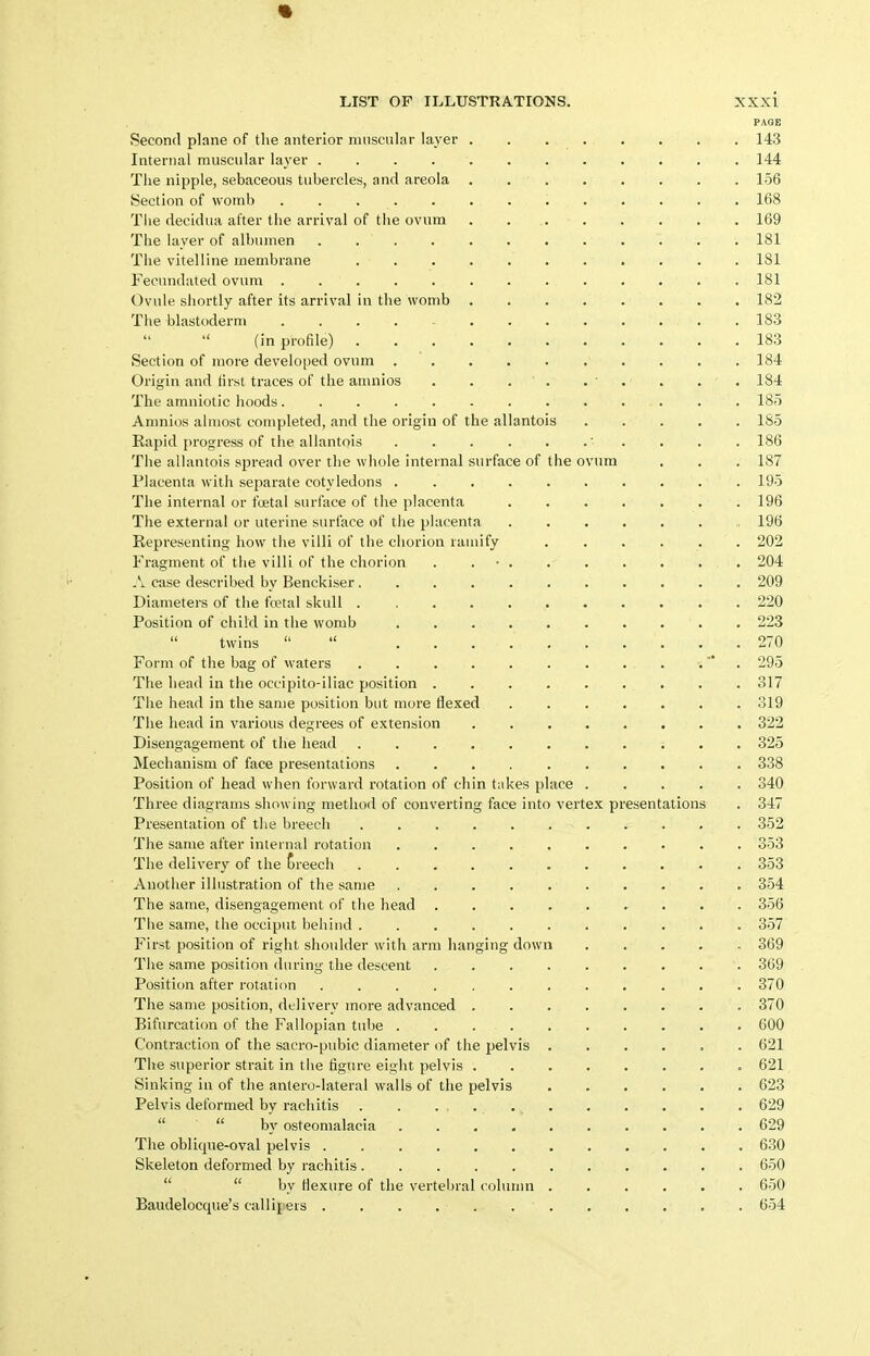 PAGE Second plane of tlie anterior muscular layer 143 Internal muscular layer 144 The nipple, sebaceous tubercles, and areola . . ■ . . . . . . 156 Section of womb 168 Tlie decidua after the arrival of the ovum 169 The layer of albumen 181 The vitelline membrane 181 Fecundated ovum ............. 181 Ovule shortly after its arrival in the womb 182 The blastoderm .... - 183   (in profile) 183 Section of more develo[)ed ovum 184 Origin and first traces of the amnios . . . . ... . . 184 The amniotic lioods . 18o Amnios almost completed, and the origin of the allantois 185 Rapid progress of the allantois ■ . . . . 186 The allantois spread over the whole internal surface of the ovum . . . 187 Placenta with separate cotyledons .......... 195 The internal or foetal surface of the placenta 196 The external or uterine surface of the placenta 196 Representing how the villi of the chorion ramify ...... 202 Fragment of the villi of the chorion . . • . 204 -V case described by Benckiser 209 Diameters of the foetal skull 220 Position of child in the womb 223  twins   270 Form of the bag of waters . . . •. . 295 The head in the occipito-iliac position . . . . . . . . . 317 The head in the same position but more flexed 319 The head in various degrees of extension 322 Disengagement of the head 325 Mechanism of face presentations 338 Position of head when forward rotation of chin takes place ..... 340 Three diagrams showing method of converting face into vertex presentations . 347 Presentation of the breech 352 The same after internal rotation . . 353 The delivery of the Creech 353 Another illustration of the same 354 The same, disengagement of the head 356 The same, the occiput behind 357 First position of right shoulder with arm lianging down 369 The same position during the descent ......... 369 Position after rotation 370 The same position, delivery more advanced 370 Bifurcation of the Fallopian tube 600 Contraction of the sacro-piibic diameter of the pelvis 621 The superior strait in the figure eight pelvis 621 Sinking in of the antero-lateral walls of the pelvis 623 Pelvis deformed by rachitis 629  by osteomalacia . . . 629 The oblique-oval pelvis 630 Skeleton deformed by rachitis 650   by flexure of the vertebral column 650 Baudelocque's callipers 654