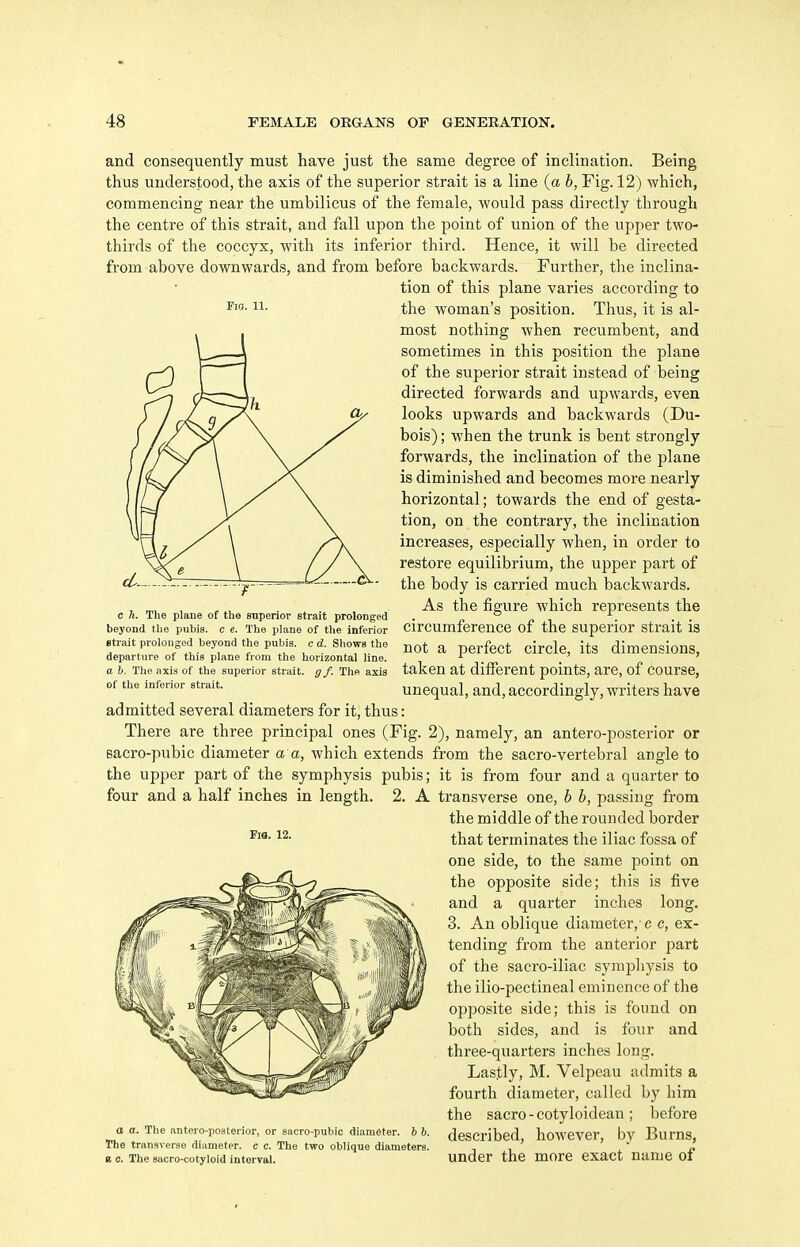 Fia. 11. and consequently must have just the same degree of inclination. Being thus understood, the axis of the superior strait is a line (a b, Fig. 12) which, commencing near the umbilicus of the female, would pass directly through the centre of this strait, and fall upon the point of union of the upper two- thirds of the coccyx, with its inferior third. Hence, it will be directed from above downwards, and from before backwards. Further, the inclina- tion of this plane varies according to the woman's position. Thus, it is al- most nothing when recumbent, and sometimes in this position the plane of the superior strait instead of being directed forwards and upwards, even looks upwards and backwards (Du- bois) ; when the trunk is bent strongly forwards, the inclination of the plane is diminished and becomes more nearly horizontal; towards the end of gesta- tion, on the contrary, the inclination increases, especially when, in order to restore equilibrium, the upper part of the body is carried much backwards. As the figure which represents the circumference of the superior strait is not a perfect circle, its dimensions, taken at different points, are, of course, unequal, and, accordingly, writers have admitted several diameters for it, thus: There are three principal ones (Fig. 2), namely, an antero-posterior or sacro-pubic diameter a a, which extends from the sacro-vertebral angle to the upper part of the symphysis pubis; it is from four and a quarter to 2. A c 7i. The plane of the enperior strait prolonged beyond the puhia. c e. The plane of the inferior Btrait prolonged beyond the pubis, c d. Shows the departure of this plane from the horizontal line. a b. The axis of the superior strait, gf. The axis of the inferior strait. four and a half inches in length. Fio. 12. o a. The antero-posterior, or sacro-pubic diameter, b b. The transverse diameter, c c. The two oblique diameters. K 0. The sacro-cotyloid interval. transverse one, b b, passing from the middle of the rounded border that terminates the iliac fossa of one side, to the same point on the opposite side; this is five and a quarter inches long. 3. An oblique diameter,-c c, ex- tending from the anterior part of the sacro-iliac syrapliysis to the ilio-pectineal eminence of the opposite side; this is found on both sides, and is four and three-quarters inches long. Lastly, M. Velpeau admits a fourth diameter, called by him the sacro - cotyloidean ; before described, however, by Burns, under the more exact name of