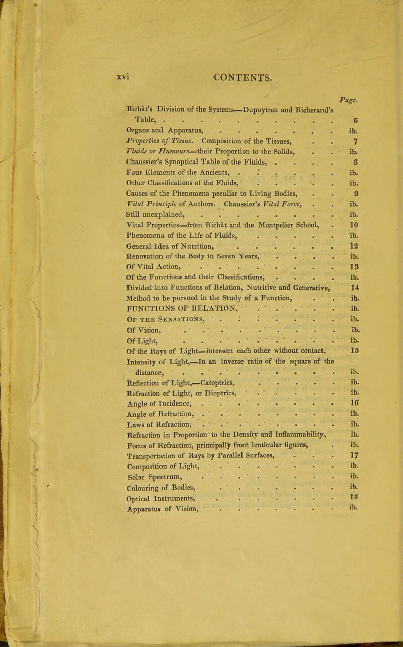 Page. Bichat's Division of the Systems—Dupuytren and Richerand's Table, 6 Organs and Apparatus, ib. Properties of Tissue. Composition of the Tissues, . . 7 Fluids or Humours—their Proportion to the Solids, . . ib. Chaussier's Synoptical Table of tlie Fluids, .... 8 Four Elements of the Ancients, ib. Other Classifications of the Fluids, ..... ib. Causes of the Phenomena peculiar to Living Bodies, . . 9 Vital Principle of Authors. Chaussier's Vital Force, . . ib. Still unexplained, ........ ib. Vital Properties—from Bichat and the Montpelier School, . 10 Phenomena of the Life of Fluids, ib. General Idea of Nutrition, ...... 12 Renovation of the Body in Seven Years, . . . . ib. Of Vital Action, ] 3 Of the Functions and their Classifications, . . . . ib. Divided into Functions of Relation, Nutritive and Generative, 14 Method to be pursued in the Study of a Function, . . ib. FUNCTIONS OF RELATION, . ib. Of the Sensations, ib. Of Vision, . . . . ib. Of Light, . . . . ib. Of the Rays of Light—intersect each other without contact, 16 Intensity of Light,—In an inverse ratio of the square of the distance, ......... ib. Reflection of Light,—Catoptrics, ib. Refraction ef Light, or Dioptrics, ib. Angle of Incidence, . . . . . • • • 16 Angle of Refraction, ........ ib. Laws of Refraction, . . . . ib. Refraction in Proportion to the Density and Inflammability, ib. Focus of Refraction, principally frort lenticular figures, . ib. Transportation of Rays by Parallel Surfaces, . . . 17 Composition of Light, . ib. Solar Spectrum, . . ib. Colouring of Bodies, ib. Optical Instruments, 18 Apparatui of Vision, »b-