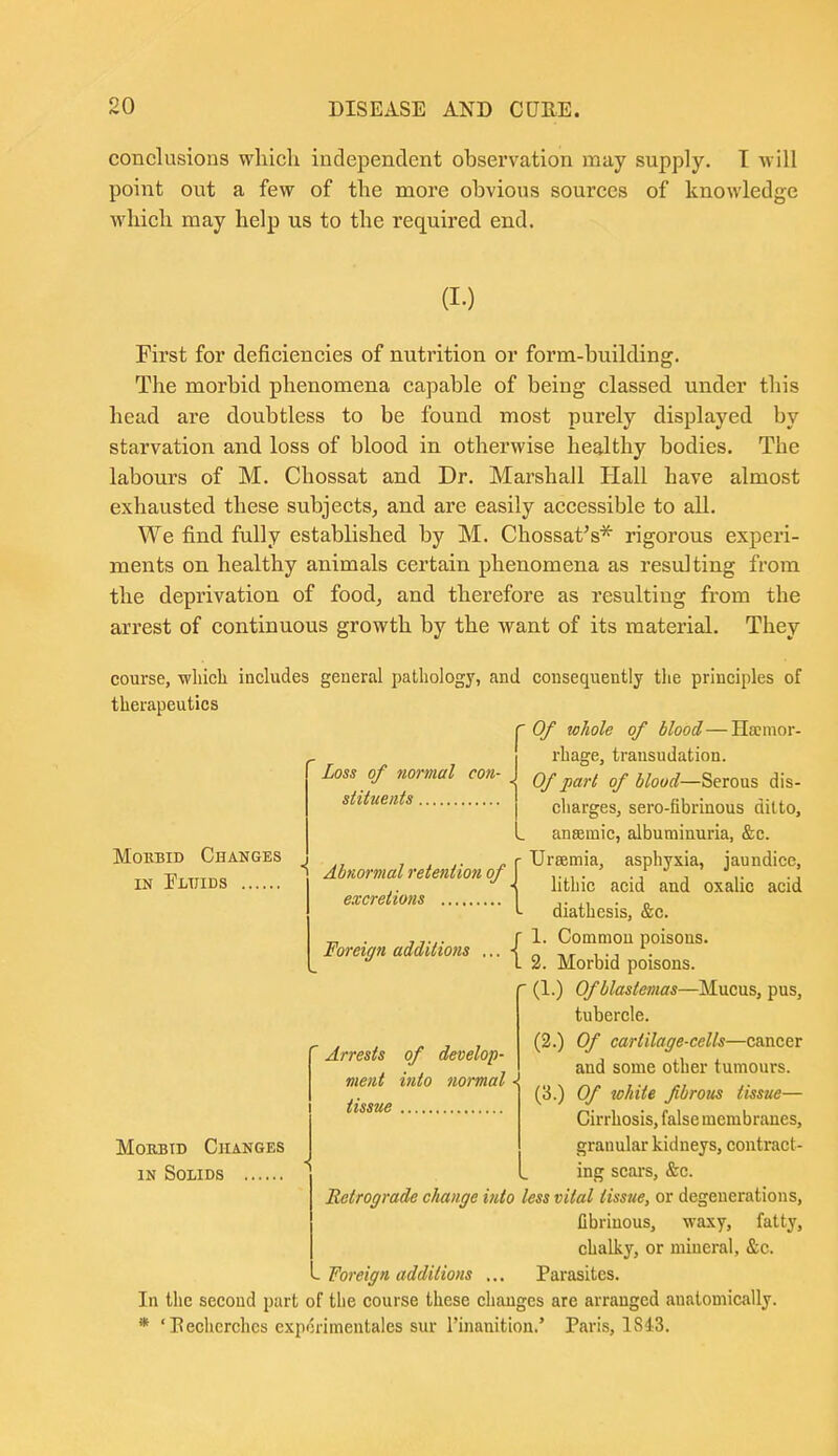 conclusions wliicli independent observation may supply. T will point out a few of the more obvious sources of knowledge whicli may help us to the required end. First for deficiencies of nutrition or form-building. The morbid phenomena capable of being classed under this head are doubtless to be found most purely displayed by starvation and loss of blood in otherwise healthy bodies. The labours of M. Chossat and Dr. Marshall Hall have almost exhausted these subjects, and are easily accessible to all. We find fully established by M. Chossat's^ rigorous experi- ments on healthy animals certain phenomena as resulting from the deprivation of food, and therefore as resulting from the arrest of continuous growth by the want of its material. They course, ■wliicli includes general pathology, and consequently tlie principles of therapeutics 'Of wliole of blood—Hajmor- rhage, transudation. Of pari of blood—Serous dis- cliarges, sero-fibrinous ditto, anffimic, albuminuria, &c. Uraemia, asphyxia, jaundice, lithic acid and oxalic acid diathesis, &c. 1. Common poisons. 2. Morbid poisons. ' (1.) Of blastemas—Mucus, pus, tubercle. (2.) Of cartilage-celts—cancer and some other tumoui's. (3.) Of white fbrous tissue— Cirrhosis, false membranes, granular kidneys, contract- ing scars, &c. Retrograde clmnge into less vital tissue, or degenerations, fibrinous, waxy, fatty, chalky, or mineral, &c. - Foreign additions ... Parasites. In the second part of the course these changes are arranged auatomically. * 'T?echcrches exporimentales sur I'inanition.' Paris, 1843. MoiiBiD Changes IN Tltjids Loss of normal con- stituents ' Abnormal retention of excretions Morbid Changes IN Solids Foreign additions ... Arrests of develop- ment into Jiormal ■{ tissue