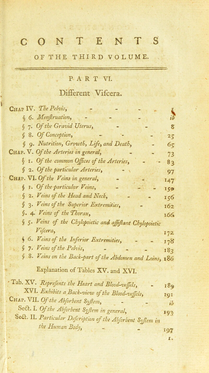 CONTENTS OF THE THIRD VOLUME. PART VI. Different Vifcera. * r Chap IV. The Pelvis, - - , x § 6. Menjlruation, - if § 7. Of the Gravid Uterus, - _ 8 § 8. Of Conception, - - 27 § 9. Nutrition, Growth, Life, and Death, - 67 Chap. V. 0/~Arteries in general, - 73 § I .Of the common Offices of the Arteries, - - 83 § 2. Of the particular Arteries, - N py Chap. VI. Of the Veins in general, - _ $ r. 0/~ the particular Veins, - ~ - 150 § 2. of the Head and Neck, - - § 3. Veins of the Superior Extremities, - x<52 $. 4- Veins of the Thorax, 166 § 5* Veins if the Chylopoietic and afjtflant Chylopoietic Vifcera, I?2 $ 6. Veins of the Inferior Extremities, - - 178 $ 7. Veins of the Pelvis, - _ _ jg^ $ 8. T«>at on the Back-part of the Abdomen and Louis, 186 Explanation of Tables XV. and XVI. ' Tak- XV. Reprefents the Heart and Blood-veffels, - 189 XVI. Exhibits a Back-view of the Blood-vcfcls, r.91 Chat. VII. Of the Abforbent Syjlem, - _ Seel. I. Of the Abforbent Syjlem in general, 19^ Se4t. II. Particular Defcription of the Abforbent Syjlem in the Human Body, _ _ \