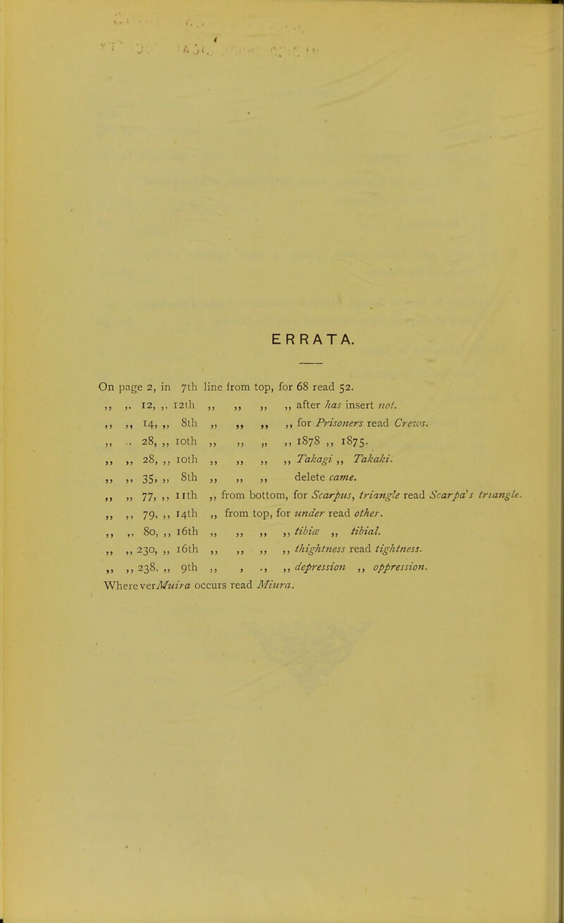 ERRATA. ,, after Aas insert no/. ,, for Prisoners read Crews. On page 2, in 7th line irom top, for 68 read 52. 12, ,, I2th , ,, 14, „ Stii „ .. 28, „ loth „ „ ,, 1S78 1875. ,, 28, ,, loth ,, TakagiTakaki. „ 35, 8th „ ,, ,, delete came. „ 77, nth from bottom, for Scarpus, triangle read Scarpa!s triangle. ,, 79, ,, 14th „ horn, top, for zmder iea.d ot^er. ,, 80, ,, 16th ,, ,, ,, til>i(E ,, tibial. ,, 230, ,, 16th ,, ,, ,, ,, thightness read tightness. ,, 238, „ 9th ,, , ., ,, depression ,, oppression. WherevexMuira occurs read Miura,