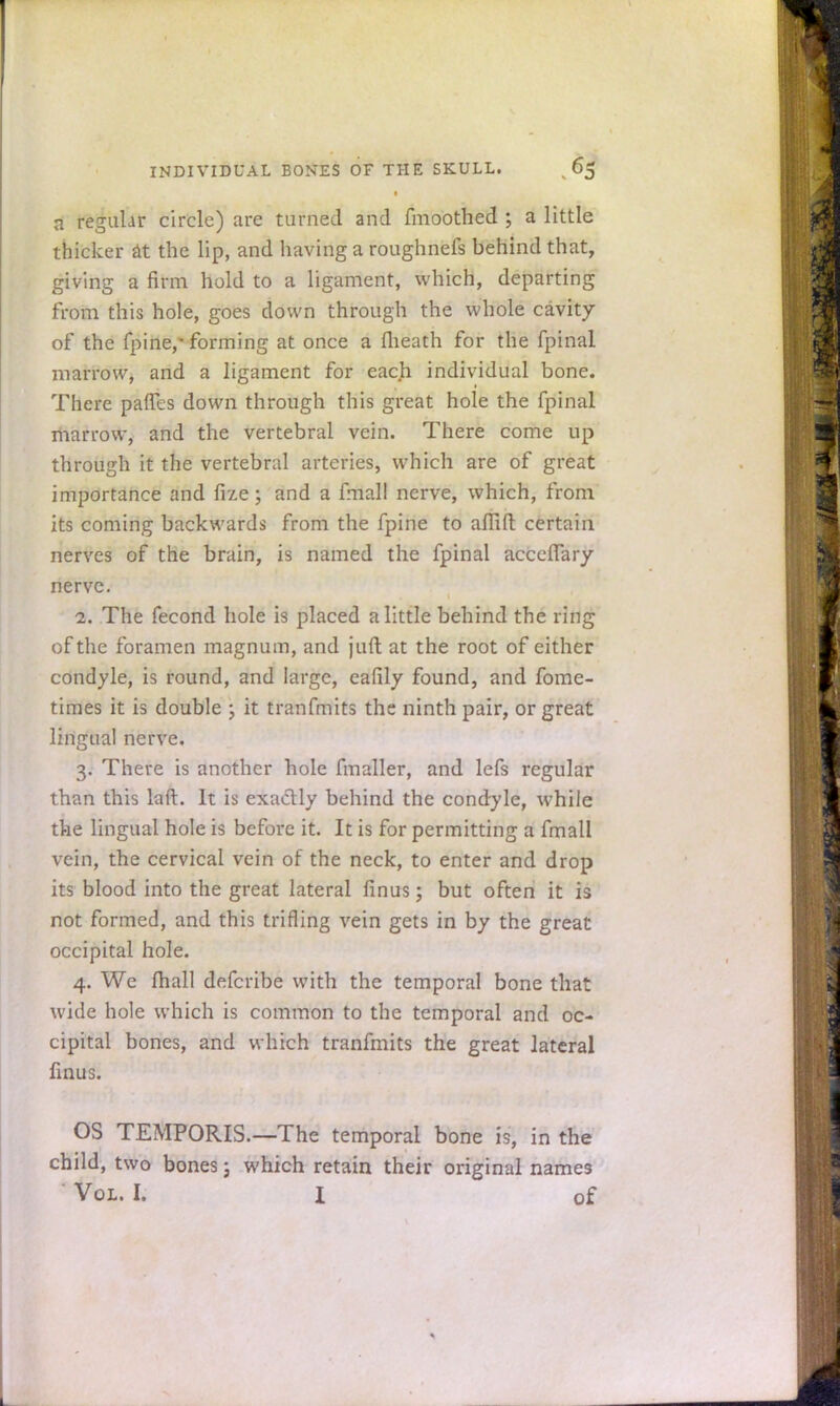 a regular circle) are turned and fmoothed ; a little thicker at the lip, and having a roughnefs behind that, giving a firm hold to a ligament, which, departing from this hole, goes down through the whole cavity of the fpine,' forming at once a fheath for the fpinal marrow, and a ligament for each individual bone. There paffes down through this great hole the fpinal marrow, and the vertebral vein. There come up through it the vertebral arteries, which are of great importance and fize; and a fmall nerve, which, from its coming backwards from the fpine to afiift: certain nerves of the brain, is named the fpinal acceffary nerve. 1. The fecond hole is placed a little behind the ring of the foramen magnum, and juft at the root of either condyle, is round, and large, eafily found, and fome- times it is double ; it tranfmits the ninth pair, or great lingual nerve. 3. There is another hole fmaller, and lefs regular than this laft. It is exactly behind the condyle, while the lingual hole is before it. It is for permitting a fmall vein, the cervical vein of the neck, to enter and drop its blood into the great lateral finus; but often it is not formed, and this trifling vein gets in by the great occipital hole. 4. We (hall defcribe with the temporal bone that wide hole which is common to the temporal and oc- cipital bones, and which tranfmits the great lateral finus. OS TEMPORIS.—The temporal bone is, in the child, two bones; which retain their original names Vol. I. l of