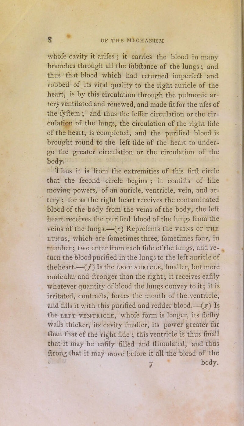 whofe cavity it arifes; it carries the blood in many- branches through all the fubftance of the lungs; and thus that blood which had returned imperfed and robbed of its vital quality to the right auricle of the heart, is by this circulation through the pulmonic ar- tery ventilated and renewed, and made fitfor the ufes of the fyftem ; and thus the lefler circulation or the cir- culation of the lungs, the circulation of the right fide of the heart, is completed, and the purified blood is brought round to the left fide of the heart to under- go the greater circulation or the circulation of the body. Thus it is' from the extremities of this firft circle that the fecond circle begins ; it confifts of like moving powers, of an auricle, ventricle, vein, and ar- tery ; for as the right heart receives the contaminated blood of the body from the veins of the body, the left heart receives the purified blood of the lungs from the veins of the lungs.—(e) Reprefents the veins of the lungs, which are fometimes three, fometimes four, in number; two enter from each fide of the lungs, and re- , turn the blood purified in the lungs to the left auricle of theheart.—(/) Is the left auricle, fmaller, but more mufcular and ftronger than the right; it receives eafily whatever quantity of blood the lungs convey to it; it is irritated, contracts, forces the mouth of the .ventricle, and fills it with this purified and redder blood.—) Is the left ventricle, whofe form is longer, its flefhy walls thicker, its cavity fmaller, its power greater far than that of the right fide ; this ventricle is thus fmall that it may be eafily filled and ltimulated, and thus ftrong that it may move before it all the blood of the 7 body.