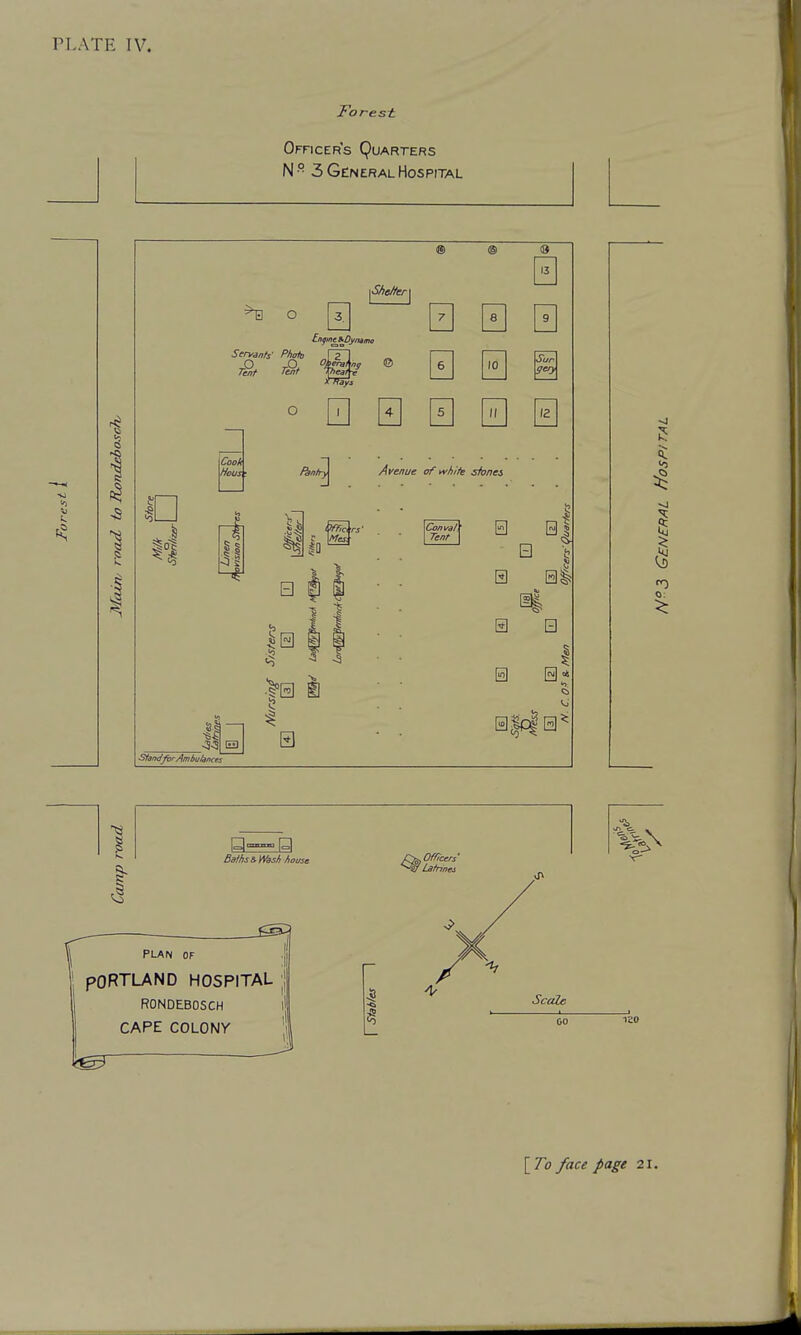 Forest. Officer's Quarters N ° 3 General Hospital ® @ Q a *e o g 0 0 0 Stand for Ambulances 1 Baihs^Wssh house I PLAN OF PORTLAND HOSPITAL RONDEBOSCH CAPE COLONY Scale
