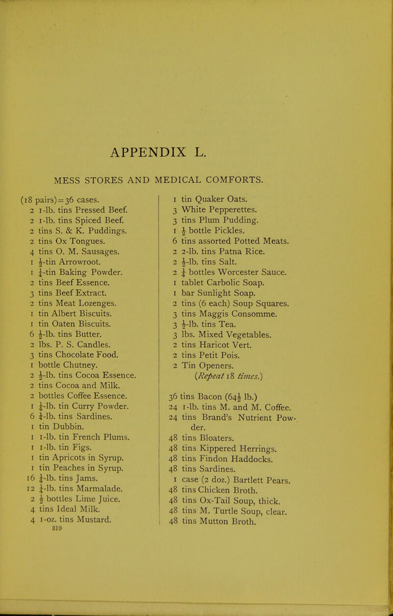 MESS STORES AND MEDICAL COMFORTS. (i8 pairs) = 36 cases. 2 I-lb. tins Pressed Beef. 2 I-lb. tins Spiced Beef. 2 tins S. & K. Puddings. 2 tins Ox Tongues. 4 tins O. M. Sausages. I 5-tin Arrowroot. 1 J-tin Baking Powder. 2 tins Beef Essence. 3 tins Beef Extract. 2 tins Meat Lozenges. I tin Albert Biscuits. 1 tin Oaten Biscuits. 6 ^-Ib. tins Butter. 2 lbs. P. S. Candles. 3 tins Chocolate Food. 1 bottle Chutney. 2 ^-Ib. tins Cocoa Essence. 2 tins Cocoa and Milk. 2 bottles Coffee Essence. I J-lb. tin Curry Powder. 6 i-lb. tins Sardines. I tin Dubbin. I I-lb. tin French Plums. I I-lb. tin Figs. I tin Apricots in Syrup. 1 tin Peaches in Syrup. 16 J-lb. tins Jams. 12 J-lb. tins Marmalade. 2 ^ bottles Lime Juice. 4 tins Ideal Milk. 819 I tin Quaker Oats. 3 White Pepperettes. 3 tins Plum Pudding. 1 ^ bottle Pickles. 6 tins assorted Potted Meats. 2 2-lb. tins Patna Rice. 2 |-lb. tins Salt. 2 I bottles Worcester Sauce. I tablet Carbolic Soap. 1 bar Sunlight Soap. 2 tins (6 each) Soup Squares. 3 tins Maggis Consomme. 3 |-lb. tins Tea. 3 lbs. Mixed Vegetables. 2 tins Haricot Vert. 2 tins Petit Pois. 2 Tin Openers. {Repeat 18 times.') 36 tins Bacon (64^ lb.) 24 I-lb. tins M. and M. Coffee. 24 tins Brand's Nutrient Pow-, der. 48 tins Bloaters. 48 tins Kippered Herrings. 48 tins Findon Haddocks. 48 tins Sardines. I case (2 doz.) Bartlett Pears. 48 tins Chicken Broth. 48 tins Ox-Tail Soup, thick. I 48 tins M. Turtle Soup, clear,