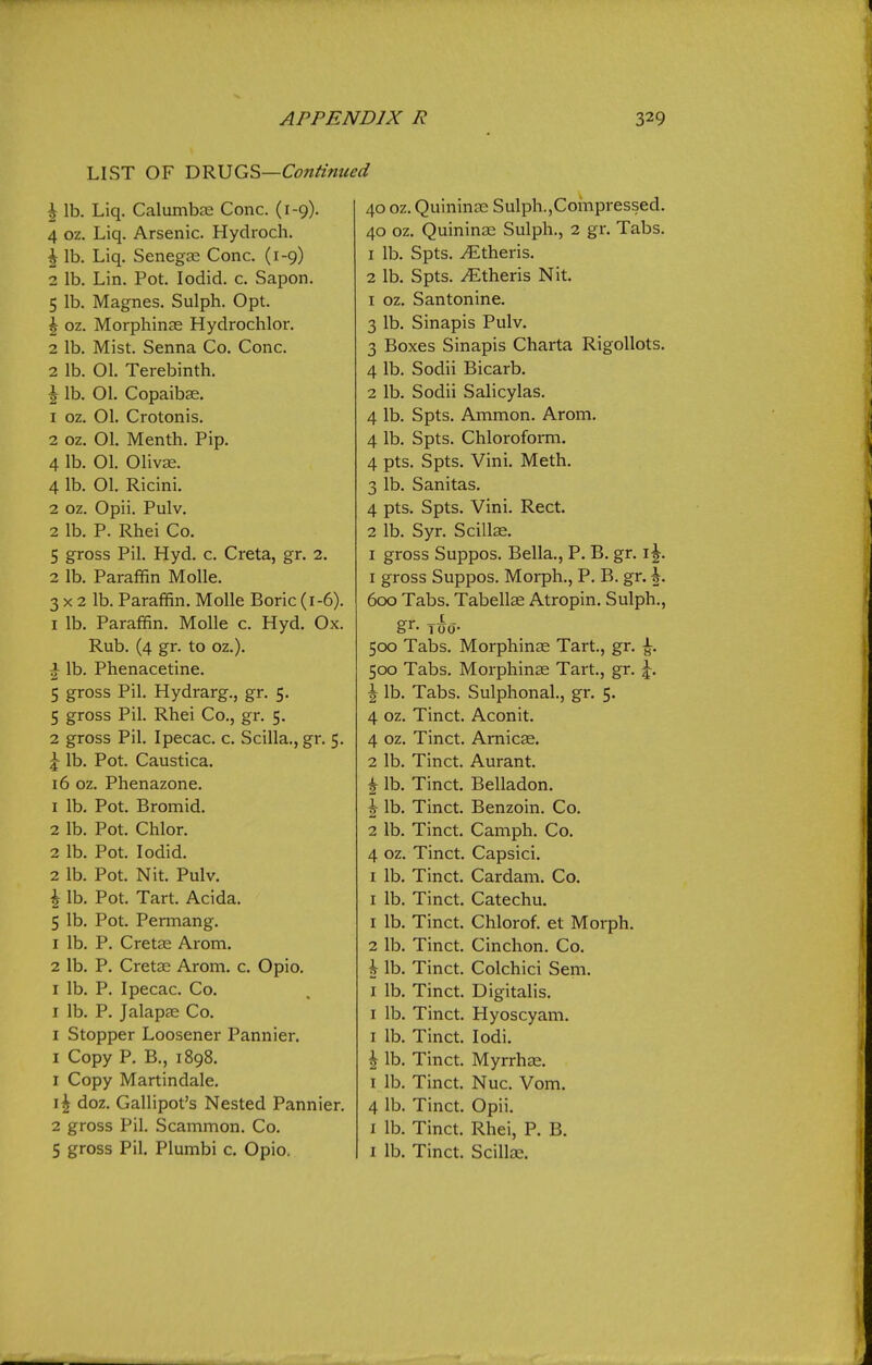 LIST OF T>^\iex's,—Continued \ lb. Liq. CalumbjE Cone. (1-9). A 4 oz. Liq. Arsenic. Hydroch. ^\ \ lb. Liq. Senegse Cone. (1-9) 1 2 lb. Lin. Pot. lodid. c. Sapon. 2 5 lb. Magnes. Sulph. Opt. i \ oz. Morphinse Hydrochlor. 2 lb. Mist. Senna Co. Cone. i 1 lb. 01. Terebinth. i \ lb. 01. Copaibse. i 1 oz. 01. Crotonis. l 2 oz. 01. Menth. Pip. l 4 lb. 01. Olivae. l 4 lb. 01. Ricini. : 2 oz. Opii. Pulv. L 2 lb. P. Rhei Co. : 5 gross Pil. Hyd. c. Creta, gr. 2. ] 2 lb. Paraffin MoUe. ] 3 X 2 lb. Paraffin. MoUe Boric (1-6). i 1 lb. Paraffin. MoUe c. Hyd. Ox. Rub. (4 gr. to oz.). I ^ lb. Phenacetine. i 5 gross Pil. Hydrarg., gr. 5. \ 5 gross Pil. Rhei Co., gr. 5. i 2 gross Pil. Ipecac, c. Scilla., gr. 5. l \ lb. Pot. Caustica, ^ 16 oz. Phenazone. \ 1 lb. Pot. Bromid. \ 2 lb. Pot. Chlor. : 2 lb. Pot. lodid. L 2 lb. Pot. Nit. Pulv. ] \ lb. Pot. Tart. Acida. ] 5 lb. Pot. Permang. i 1 lb. P. Cretse Arom, : 2 lb. P. Cretse Arom. c. Opio. \ I lb. P. Ipecac. Co. , j I lb. P. Jalapae Co. i I Stopper Loosener Pannier. i I Copy P. B., 1898. \ 1 Copy Martindale. ] \\ doz. Gallipot's Nested Pannier, l 2 gross Pil. Scammon. Co. j 5 gross Pil. Plumbi c, Opio. j 40 oz. Quininos Sulph.,Coinpressed. 40 oz. Quinine Sulph., 2 gr. Tabs. 1 lb. Spts. .<^theris. 2 lb. Spts. Athens Nit. 1 oz. Santonine. 3 lb. Sinapis Pulv. 3 Boxes Sinapis Charta RigoUots. 4 lb. Sodii Bicarb. 2 lb. Sodii Salicylas. 4 lb. Spts. Ammon. Arom. 4 lb. Spts. Chloroform. 4 pts. Spts. Vini. Meth. 3 lb. Sanitas. 4 pts. Spts. Vini. Rect. 2 lb. Syr. Scillas. I gross Suppos. Bella., P. B. gr. i^. 1 gross Suppos. Morph., P. B. gr. \. 600 Tabs. Tabellae Atropin. Sulph., gr- TOO- 500 Tabs. Morphinae Tart., gr. ^. 500 Tabs. Morphinas Tart., gr. \. \ lb. Tabs. Sulphonal., gr. 5. 4 oz. Tinct. Aconit. 4 oz. Tinct. Arnicae. 2 lb. Tinct. Aurant. h, lb. Tinct. Belladon. \ lb. Tinct. Benzoin. Co. 2 lb. Tinct. Camph. Co. 4 oz. Tinct. Capsici. I lb. Tinct. Cardam. Co. I lb. Tinct. Catechu. 1 lb. Tinct. Chlorof. et Morph. 2 lb. Tinct. Cinchon. Co. \ lb. Tinct. Colchici Sem. I lb. Tinct. Digitalis. I lb. Tinct. Hyoscyam. 1 lb. Tinct. lodi. \ lb, Tinct. Myrrhje. I lb. Tinct. Nuc. Vom. 4 lb. Tinct. Opii. I lb. Tinct. Rhei, P. B. I lb. Tinct. Scillaj.