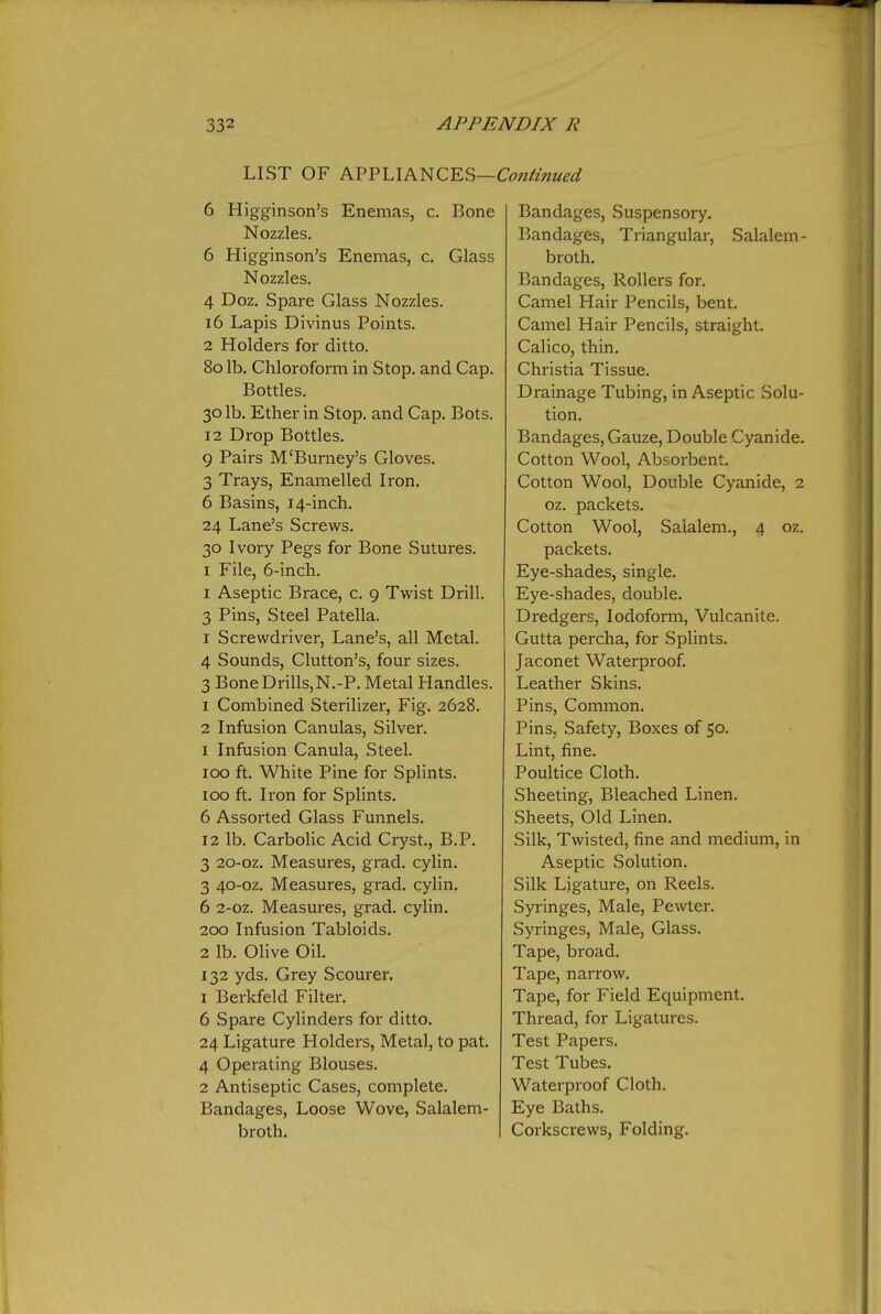 LIST OF APPLIANCES—C^J«//««^rf 6 Higginson's Enemas, c. Bone Nozzles. 6 Higginson's Enemas, c. Glass Nozzles. 4 Doz. Spare Glass Nozzles. i6 Lapis Divinus Points. 2 Holders for ditto. 8o lb. Chloroform in Stop, and Cap. Bottles. 30 lb. Ether in Stop, and Cap. Bots. 12 Drop Bottles. 9 Pairs M'Burney's Gloves. 3 Trays, Enamelled Iron. 6 Basins, 14-inch. 24 Lane's Screws. 30 Ivory Pegs for Bone Sutures. I File, 6-inch. I Aseptic Brace, c. 9 Twist Drill. 3 Pins, Steel Patella. I Screwdriver, Lane's, all Metal. 4 Sounds, Glutton's, four sizes. 3 Bone Drills, N.-P. Metal Handles. 1 Combined Sterilizer, Fig. 2628. 2 Infusion Canulas, Silver, 1 Infusion Canula, Steel. 100 ft. White Pine for Splints. 100 ft. Iron for Splints. 6 Assorted Glass Funnels. 12 lb. Carbohc Acid Cryst., B.P. 3 20-oz. Measures, grad. cylin. 3 40-oz. Measures, grad. cylin. 6 2-oz. Measures, grad. cylin. 200 Infusion Tabloids. 2 lb. Olive Oil. 132 yds. Grey Scourer, 1 Berkfeld Filter. 6 Spare Cylinders for ditto, 24 Ligature Holders, Metal, to pat. 4 Operating Blouses. 2 Antiseptic Cases, complete. Bandages, Loose Wove, Salalem- broth. Bandages, Suspensory. Bandages, Triangular, Salalem- broth. Bandages, Rollers for. Camel Hair Pencils, bent. Camel Hair Pencils, straight. Calico, thin, Christia Tissue. Drainage Tubing, in Aseptic Solu- tion. Bandages, Gauze, Double Cyanide. Cotton Wool, Absorbent. Cotton Wool, Double Cyanide, 2 oz. packets. Cotton Wool, Salalem., 4 oz. packets. Eye-shades, single. Eye-shades, double. Dredgers, Iodoform, Vulcanite. Gutta percha, for Splints. Jaconet Waterproof. Leather Skins. Pins, Common. Pins, Safety, Boxes of 50. Lint, fine. Poultice Cloth. Sheeting, Bleached Linen. Sheets, Old Linen, Silk, Twisted, fine and medium, in Aseptic Solution. Silk Ligature, on Reels. Syringes, Male, Pewter. Syringes, Male, Glass. Tape, broad. Tape, narrow. Tape, for Field Equipment. Thread, for Ligatures. Test Papers. Test Tubes. Waterproof Cloth. Eye Baths. Corkscrews, Folding.