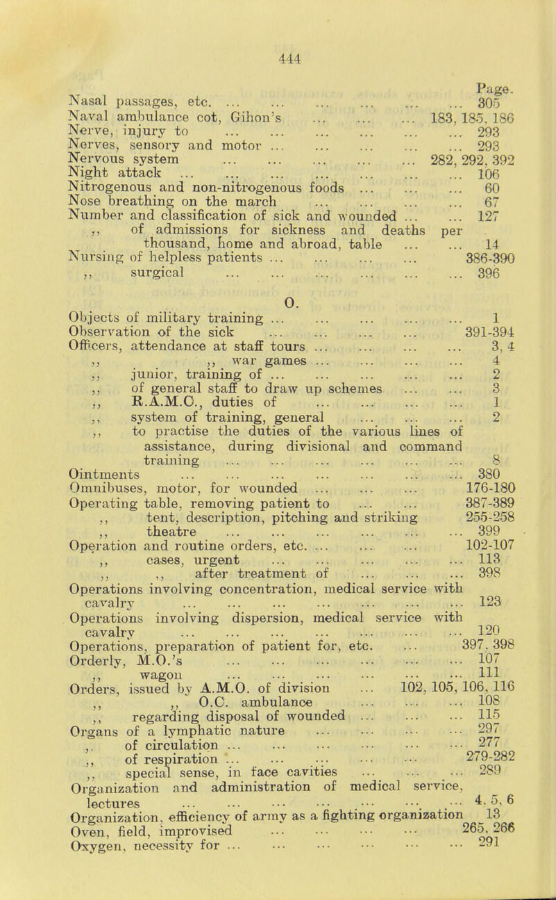 Nasal passages, etc. ... Naval ambulance cot, Gihon's Nerve, injury to Nerves, sensory and motor Nervous system Night attack ... Nitrogenous and non-nitrogenous foods ... Nose breathing on the march Number and classification of sick and wounded ... ,, of admissions for sickness and deaths thousand, home and abroad, table Nursing of helpless patients ... surgical Page. ... 305 183,185. 186 ... 293 ... 293 282, 292, 392 ... 106 ... 60 ... 67 ... 127 per 14 386-390 396 0. Objects of military training ... Observation of the sick OfP.cei s, attendance at staff tours war games 1 391-394 3,4 4 2 3 1 2 junior, training of of general staff to draw up schemes R.A.M.O., duties of system of training, general to practise the duties of the various lines of assistance, during divisional and command training ... ... ... ... ... ... 8 Ointments 380 Omnibuses, motor, for wounded ... ... ... 176-180 Operating table, removing patient to ... ... 387-389 ,, tent, description, pitching and striking 255-258 theatre 399 Operation and i-outine orders, etc. ... ... ... 102-107 ,, cases, urgent ... ... ... ... ... 113 ,, ,, after treatment of ... ... ... 398 Operations involving concentration, medical service with cavalry ... ... ... ... ... ... .•• 123 Operations involving dispersion, medical service with cavalry ... ... ... ... ... ... ... 120 Operations, preparation of patient for, etc. ... 397.398 Orderly, M.O.'s Orders wagon issued by Organs A.M.O. of division ... 102, O.C. ambulance regarding disposal of wounded ... of a lymphatic nature of circulation ... of respiration ... special sense, in face cavities Organization and administration of lectures . ■• ^- ^' ^ Organization, efficiency of army as a fighting organization 13 Oven, field, improvised 265, 266 Oxygen. nece.ssity for ... ••• ••• ••• • • ••■ -91 ... 107 ... Ill 105, 106,116 ... 108 ... 115 ... 297 ... 277 279-282 ... 289 medical service.