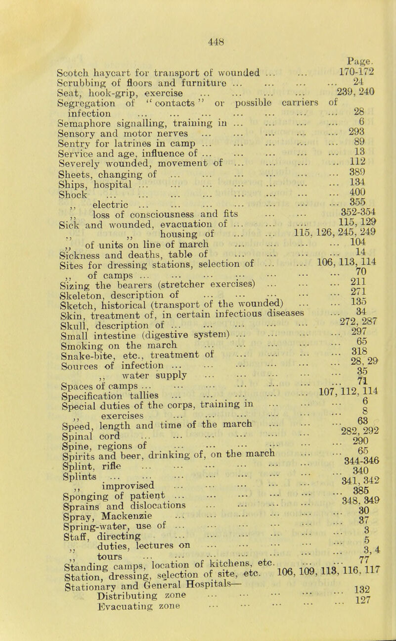 Page. Scotch, haycart for transport of wounded 170-172 Scrubbing of floors and furniture ... ... ... ••• 24 Seat, hook-grip, exercise ... ... ... .•• 239,240 Segregation of contacts or possible carriers of infection ... ... ... ... ... ••■ ■•• 28 Semaphore signalling, training in 6 Sensory and motor nerves ... ... ... .-. -•• 293 Sentry for latrines in camp r.. ... 89 Service and age, influence of ... ... 13 Severely wounded, movement of •. 112 Sheets, changing of ••• 389 Ships, hospital ... ... ... .•• ••• ••■ ••• 1^ Shock 400 ,, electric oot^A ,, loss of consciousness and fits ... ... ^ ^ Sick and woimded, evacuation of ... housing of 115,126,245,249 „ of units on line of march 104 Sickness and deaths, table of ... irujna Sites for dressing stations, selection of lUo, iid, ii4 ,, of camps jO Sizing the bearers (stretcher exercises) ^ij Skeleton, description of ••• ^'t Sketch, historical (transport of the wounded) i^o Skin, treatment of, in certain infectious diseases ••o^o oq7 Skull, description of o'o? Small intestine (digestive system) Smoking on the march ... Y'o Snake-bite, etc., treatment of Sources of infection water supply Spaces of camps • 107 n 9 11 a Specification tallies Special duties of the corps, training m o ,, exercises oo Speed, length and time of the march 282 292 Spinal cord o^q' Spine, regions of ••• ■• n^. Spirits and beer, drinking of, on the march 344.346 Splint, rifle Splints ... ... 341,342 improvised ... Sponging of patient o^^g Sprains and dislocations 30 Spray, Mackenzie gy Spring-water, use of ... g Staff, directing g duties, lectures on 0 ^ ,, tours -.• ••• •••.^ , •■• 77 Standing camps, location of kitchens etc. 113 ne 117 Station, dressing, selection of site, etc. 106, 109, 113, lib, LU Stationary and General Hospitals— Distributing zone ^^7 Evacuating zone ••