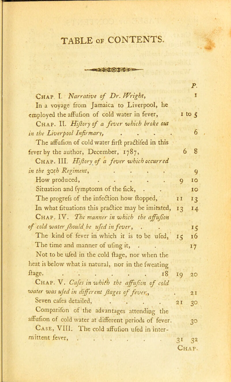 p. CHAP. I. Narrative of Dr. Wright, I In a voyage from Jamaica to Liverpool, he employed the affufion of cold water in fever, i to 5 Chap. II. Hijiory of a fever which broke out in the Liverpool Infirmary, .... 6 The affufion of cold water firft pra&ifed in this fever by the author, December, 1787, 68 Chap. III. Hijiory of a fever which occurred in the if>th Regiment, .... 9 How produced, ..... 9 10 Situation and fymptoms of the fick, . . 10 The progrefs of the infection how flopped, 11 13 In what fituations this practice may be imitated, 13 14 Chap. IV. The manner in which the affufion of cold water fhould be ufed in fever, . . i§ The kind of fever in which it is to be ufed, 15 16 The time and manner of ufing it, . . 17 Not to be ufed in the cold ftage, nor when the heat is below what is natural, nor in the fweating ftage. 18 19 20 Chap. V. Cafes in whifh the affifion of cold water was ufed in different Jlages of fever,, . 21 Seven cafes detailed, . . . . 21 Comparifon of the advantages attending the affufion of cold water at different periods of fever. 30 Case, VIII. The cold affufion ufed in inter- mittent fevrr, ..... 31 32 Chap. 30