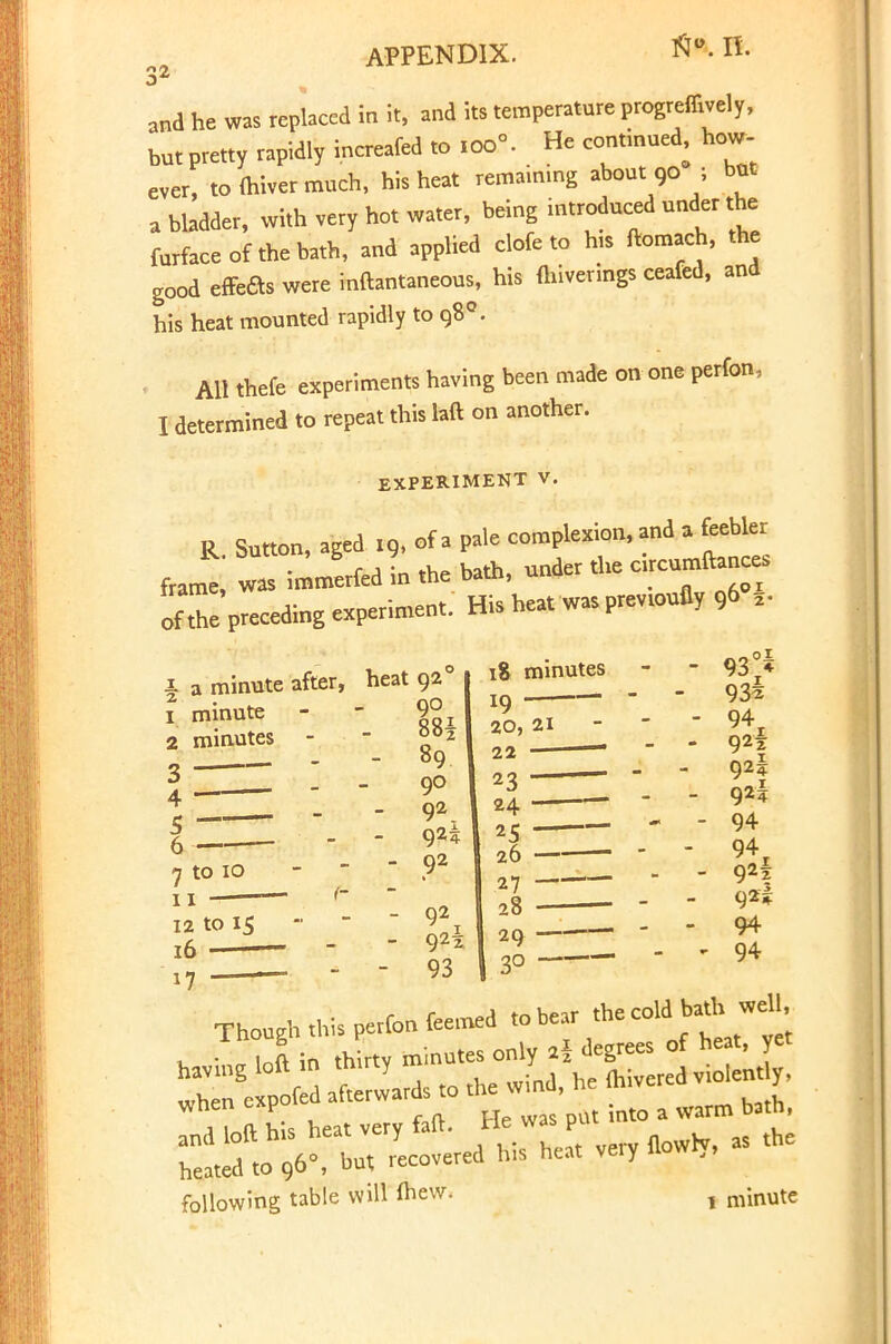 N<\ n. and he was replaced in it, and its temperature progreffively, but pretty rapidly increafed to ,oo«. He continued, how- ever, tofhivermuch, his heat remaining about 90 ; but a bladder, with very hot water, being introduced under the furfaceofthebath, and applied cloie to his ftomach, the good effefts were inftantaneous, his fhiverings ceafed, and his heat mounted rapidly to 98°. All thefe experiments having been made on one perfon, I determined to repeat this laft on another. EXPERIMENT V. R. Sutton, aged .9, of a pale complexion, and a feebler frame was immerfed in the bath, undet the oncumftan es ^preceding experiment. His heat was ptcvtoufly 96 i- heat 920 90 - 88| - 89 - 9° - 92 - - 92  92 - 92i - 93 93? 932 94 92f 92I 92? 94 94 9*1 92* 94 94 Though this perfon feemed to bear the ^ u ■ ia loft in thirty minutes only %\ degrees of heat, yet S e P°t* s to the wind, he (hivered v.olent y, :T** his heat very M, He was W^** heated to 96°, but, recovered his heat veiy Howry, following table will fhew. , minute