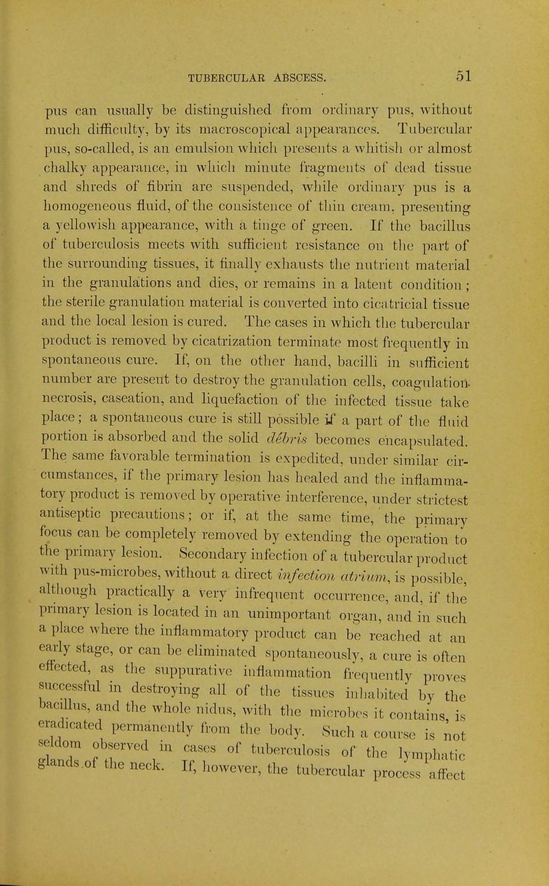 pus can usually be distinguished from ordinary pus, without much difficulty, by its raacroscopical appearances. Tubercular pus, so-called, is an emulsion which presents a whitisli or almost chalky appearance, in Avliich minute fragments of dead tissue and shreds of fibrin are suspended, while ordinary pus is a homogeneous fluid, of the consistence of thin cream, presenting a yellowish appearance, with a tinge of green. If the bacillus of tuberculosis meets with sufficient resistance on the part of the surrounding tissues, it finally exhausts the nutrient material in the granulations and dies, or remains in a latent condition ; the sterile granulation material is converted into cicatricial tissue and the local lesion is cured. The cases in which the tubercular product is removed by cicatrization terminate most frequently in spontaneous cure. If, on the other hand, bacilli in suflicient number are present to destroy the granulation cells, coagulation, necrosis, caseation, and liquefaction of the infected tissue take place; a spontaneous cure is still possible if a part of the fluid portion is absorbed and the solid debris becomes encapsulated. The same favorable termination is expedited, under similar cir- cumstances, if the primary lesion has healed and tlie inflamma- tory product is removed by operative interference, under strictest antiseptic precautions; or if, at the same time,' the primary focus can be completely removed by extending the operation to the primary lesion. Secondary infection of a tubercular product with pus-microbes, without a direct infection atrium, is possible, although practically a very infrequent occurrence, and, if the primary lesion is located in an unimportant organ, and in such a place where the inflammatory product can be reached at an early stage, or can be eliminated spontaneously, a cure is often effected, as the suppurative inflammation frequently proves successful in destroying all of the tissues inl,abited by the bacdlus, and the whole nidus, with tlie microbes it contains, is eradicated permanently from the body. Such a course is not seldom observed in cases of tuberculosis of the lymphatic glands.of the neck. If, however, the tubercular proces^ affect