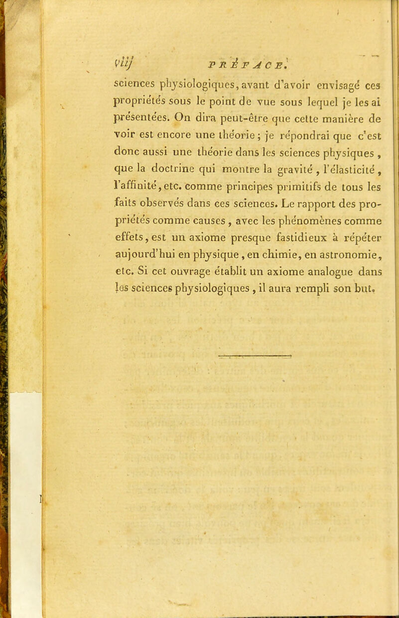 Vlîj P R É F u4 C e1 sciences physiologiques,avant d'avoir envisagé ces propriétés sous le point de vue sous lequel je lésai présentées. On dira peut-être que celte manière de voir est encore une théorie; je répondrai que c'est donc aussi une théorie dans les sciences physiques , que la doctrine qui montre la gravité , l'élasticité , l'affinité, etc. comme principes primitifs de tous les faits observés dans ces sciences. Le rapport des pro- priétés comme causes , avec les phénomènes comme effets, est un, axiome presque fastidieux à répéter aujourd'hui en physique, en chimie, en astronomie, etc. Si cet ouvrage établit un axiome analogue dans Igs sciences physiologiques , il aura rempli son but.