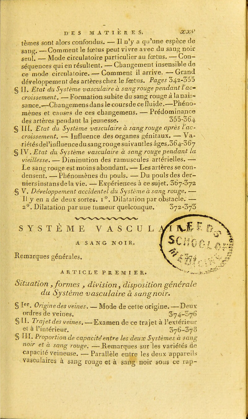 tèmes sont alors confondus. — Il n'y a qu'une espèce de sang. —Comment le foetus peut vivre avec du sang noie seul. — Mode circulatoire particulier au fœtus. — Con- séquences qui en résultent. — Changement insensible de ce mode circulatoire. — Comment il arrive. — Grand développement des artères chez le fœtus. Pa^es 342-355 § II. Etat du Système vasculaire à sang rouge pendant l'ac croissement. — Formation subite du sang rouge à lanaii- sance.—Cbangemens dans le coursde ce fluide.—Phéno- mènes et causes de ces cbangemens. — Prédominance des artères pendant la jeunesse. 355-364 § II [. Etat du Système vasculaire à sang rouge après l'ac- croissement. — Influence des organes génitaux. — Va- riétés del'influence du sang rouge sui van tles âges,364-367 § IV. Etat du Système vasculaire à sang rouge pendant la vieillesse. — Diminution des ramuscules artérielles. —• Le sang rouge est moins abondant. — Les artères se con- densent. — Phénomènes du pouls. — Du pouls des der- niers instans de la vie. — Expériences à ce sujet. 367-372 § V. Développement accidentel du Système à sang rouge, — Il j en a de deux sortes, i °. Dilatation par obstacle. — 2^. Dilatation par une tumeur quelconque. 372-373 SYSTÈME VASCUL A SANG NOIR. Remarques générales. V'^^-f ^4 ... TiX'^e? ARTICLE PREMIER. ^''^^^-.Ti-ti^** Situation, formes , division, disposition générale du Système vasculaire à sang noir. § 1er. Origine des veines Mode de cet te origine. — Deux ordres de veines. 374-576 § II. Trajet des veines. — Examen de ce trajet à l'extérieur et à l'intérieur. 376-578 S III. Proportion de capacité entre les deux Systèmes à sang noir et à sang rouge. —Remarques sur les variétés de capacité veineuse. — Parallèle entre les deux appareils vasculaires à sang rouge et à sang noir sous ce rap-