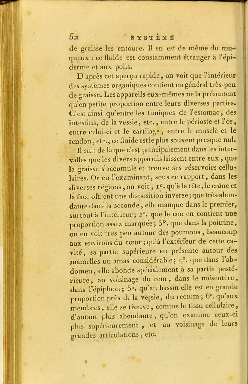 5z '^SYSTÈMB de graisse les entoure. Il en est de même du mu- queux : ce fluide est constamment étranger à l'épi- derme et aux poils. D'après cet aperçu rapide, on voit que l'intérieur des systèmes organiques contient en général très-peu de graisse. Les appareils eux-mêmes ne la présentent qu'en petite proportion entre leurs diverses parties. C'est ainsi qu'entre les tuniques de l'estomac, des intestins, de la vessie, etc., entre le périoste et l'os, entre celui-ci et le cartilage, entre le muscle et le tendon, etc., ce fluide estle plus souvent presque nul. 11 suit de là que c'est principalement dans les inter- valles que les divers appareils laissent entre eux , que la graisse s'accumule et trouve ses réservoirs cellu- laires. Or en l'examinant, sous ce rapport, dans les diverses régions, on voit, i. qu'à la tête, le crâne et la face offrent une disposition inverse ; que très abon- dante dans la seconde, elle manque dans le premier, surtout à l'intérieur j 2°. que le cou en contient une proportion assez marquée; 5°. que dans la poitrine, on en voit très-peu autour des poumons , beaucoup aux environs du cœur; qu'à l'exteVreur de cette ca- vité, sa partie supérieure en présente autour des mamelles un amas considérable; 4°. que dans l'ab- domen, elle abonde spécialement à sa partie posté- rieure, au voisinage du rein, dans le mésentère, dans l'épiploon ; 5°. qu'au bassin elle est en grande proportion près de la vessie, du rectum ; 6°. qu'aux membres, elle se trouve, comme le tissu cellulaire, d'autant plus abondante, qu'on examine ceux-ci plus supérieurement , et au voisinage de leurs grandes ariiculations, etc.