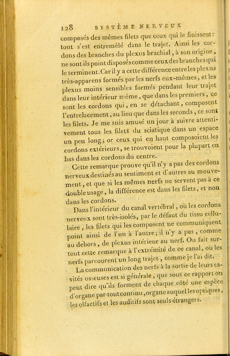 composés des mêmes filets que ceux qui le finissent: tout s'est entremêlé dans le trajet. Ainsi les cor- dons des branches du plexus brachial, à son onguie , ne sont-ils point disposés comme ceux des branches qui leterminent.Carilyacettedifférenceentreles plexus très-apparens formés par les nerfs eux-mêmes, et les plexus moins sensibles formés pendant leur trajet dans leur intérieur même , que dans les premiers , ce sont les cordons qui, en se détachant, composent l'entrelacement, au lieu que dans les seconds , ce sont les filets. Je me suis amusé un jour à suivre altenti- vement tous les filets du sciatique dans un espace un peu long ; or ceux qui en haut composoieni les cordons extérieurs, se trouvoient pour la plupart en bas dans les cordons du centre. Cette remarque prouve qu'il n'y a pas des cordons nerveuxdestinésau sentiment et d'autres au mouve- ment, et que si les mêmes nerfs ne servent pas a ce double usage, la différence est dans les filets, et non dans les cordons. , , , j Dans l'intérieur du canal vertébral, ou les cordons nerveux sont très-isolés, parle défaut du tissu cellu- laire les filets qui les composent ne communiquent point ainsi de l'un à l'autre; il n'y a pas , comme au dehors, de plexus intérieur au nerf. Ou au su - tout cette remarque à l'extrémité de ce canal ou les nerfs parcourent un long trajet, comme je 1 ai dit. La communication des nerfs à la sortie de leurs ca- ,ués osseuses est si générale, que sous ce rapportât, neut dire qu'ils forment de chaque côte une espèce d'organe par.toutcontinu,organeauquellesopiiques, les olfactifs et les auditifs sont seuls étrangers.