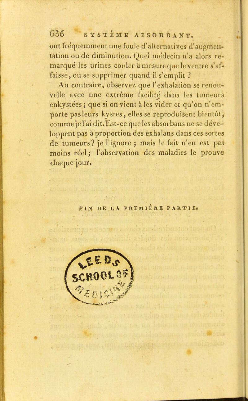 ont fréquemment une foule d'alternatives d'augmen- tation ou de diminution. Quel médecin n'a alors re- marqué les urines copier à mesure que le ventre s'af- faisse, ou se supprimer quand il s'emplit ? Au contraire, observez que l'exhalation se renou- velle avec une extrême facilité dans les tumeurs enkystées ; que si on vient à les vider et qu'on n'em- porte pasleurs kystes, elles se reproduisent bientôt, comme je l'ai dit.Est-ce que les absorbans ne se déve- loppent pas à proportion des exhalans dans ces sortes de tumeurs? je l'ignore ; mais le fait n'en est pas moins réel ; l'observation des maladies le prouve chaque jour. FIN DE LA PREMIÈRE PARTIE*
