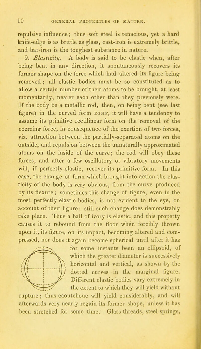 repulsive influence; thus soft steel is tenacious, yet a hard knife-edge is as brittle as glass, cast-iron is extremely brittle, and bar-iron is the toughest substance in nature. 9. Elasticity. A body is said to be elastic when, after being bent in any direction, it spontaneously recovers its former shape on the force which had altered its figure being removed ; all elastic bodies must be so constituted as to allow a certain number of their atoms to be brought, at least momentarily, nearer each other than they previously were. If the body be a metallic rod, then, on being bent (see last figure) in the curved form eghf, it will have a tendency to assume its primitive rectilinear form on the removal of the coercing force, in consequence of the exertion of two forces, viz. attraction between the partially-separated atoms on the outside, and repulsion between the unnaturally approximated atoms on the inside of the curve; the rod will obey these forces, and after a few oscillatory or vibratory movements will, if perfectly elastic, recover its primitive form. In this case, the change of form which brought into action the elas- ticity of the body is very obvious, from the curve produced by its flexure; sometimes this change of figure, even in the most perfectly elastic bodies, is not evident to the eye, on account of their figure; still such change does demonstrably take place. Thus a ball of ivory is elastic, and this property causes it to rebound from the floor when forcibly thrown upon it, its figure, on its impact, becoming altered and com- pressed, nor does it again become spherical until after it has ©for some instants been an ellipsoid, of which the greater diameter is successively \ horizontal and vertical, as shown by the 7 dotted curves in the marginal figure. f Different elastic bodies vary extremely in the extent to which they will yield without rupture; thus caoutchouc will yield considerably, and will afterwards very nearly regain its former shape, unless it has been stretched for some time. Glass threads, steel springs,