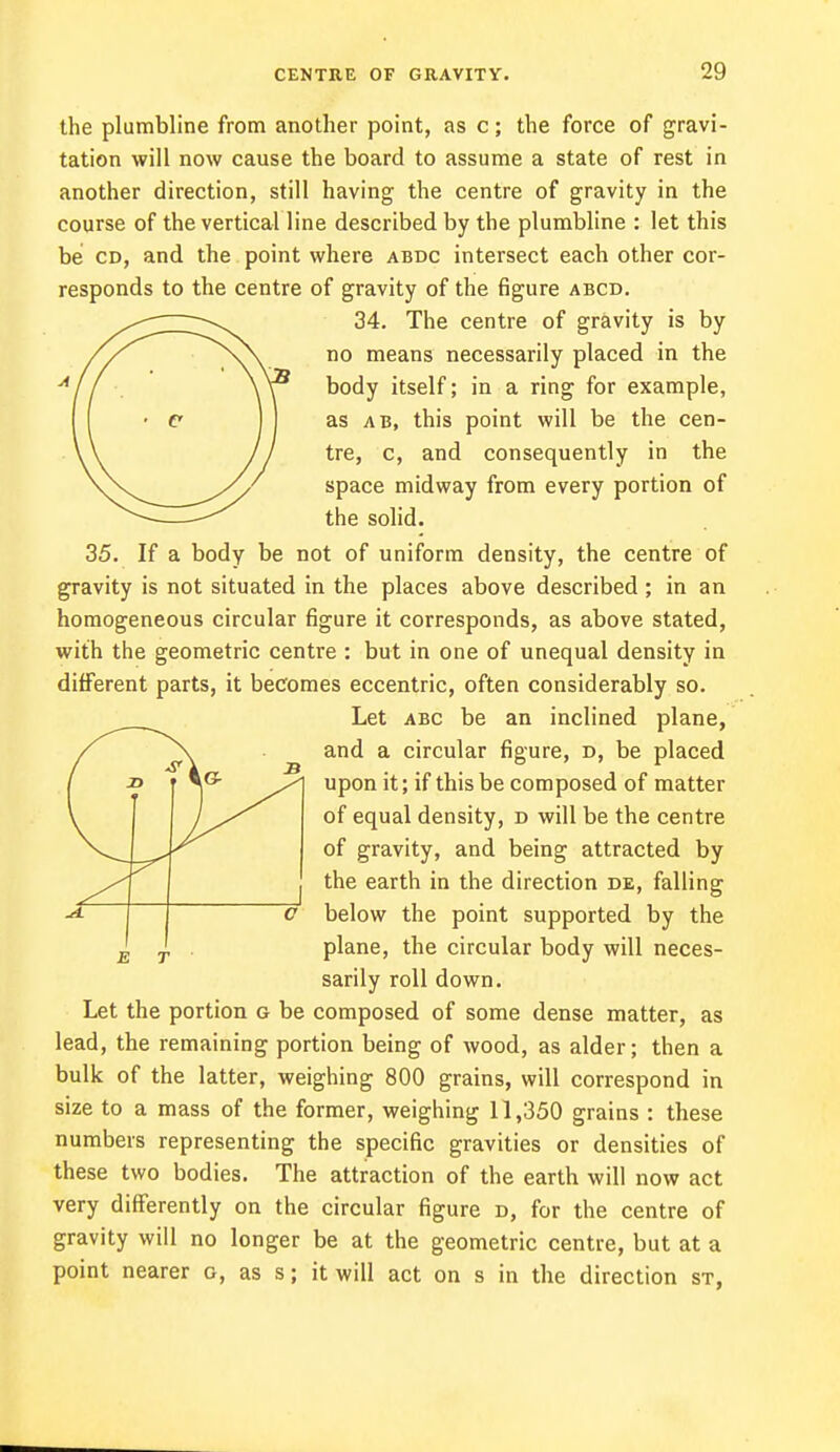 the plumbline from another point, as c; the force of gravi- tation will now cause the board to assume a state of rest in another direction, still having the centre of gravity in the course of the vertical line described by the plumbline : let this be cd, and the point where abdc intersect each other cor- responds to the centre of gravity of the figure abcd. 34. The centre of gravity is by no means necessarily placed in the body itself; in a ring for example, as a b, this point will be the cen- tre, c, and consequently in the space midway from every portion of the solid. 35. If a body be not of uniform density, the centre of gravity is not situated in the places above described; in an homogeneous circular figure it corresponds, as above stated, with the geometric centre : but in one of unequal density in different parts, it becomes eccentric, often considerably so. Let abc be an inclined plane, and a circular figure, d, be placed upon it; if this be composed of matter of equal density, d will be the centre of gravity, and being attracted by the earth in the direction de, falling below the point supported by the plane, the circular body will neces- sarily roll down. Let the portion g be composed of some dense matter, as lead, the remaining portion being of wood, as alder; then a bulk of the latter, weighing 800 grains, will correspond in size to a mass of the former, weighing 11,350 grains : these numbers representing the specific gravities or densities of these two bodies. The attraction of the earth will now act very differently on the circular figure d, for the centre of gravity will no longer be at the geometric centre, but at a point nearer g, as s; it will act on s in the direction st,