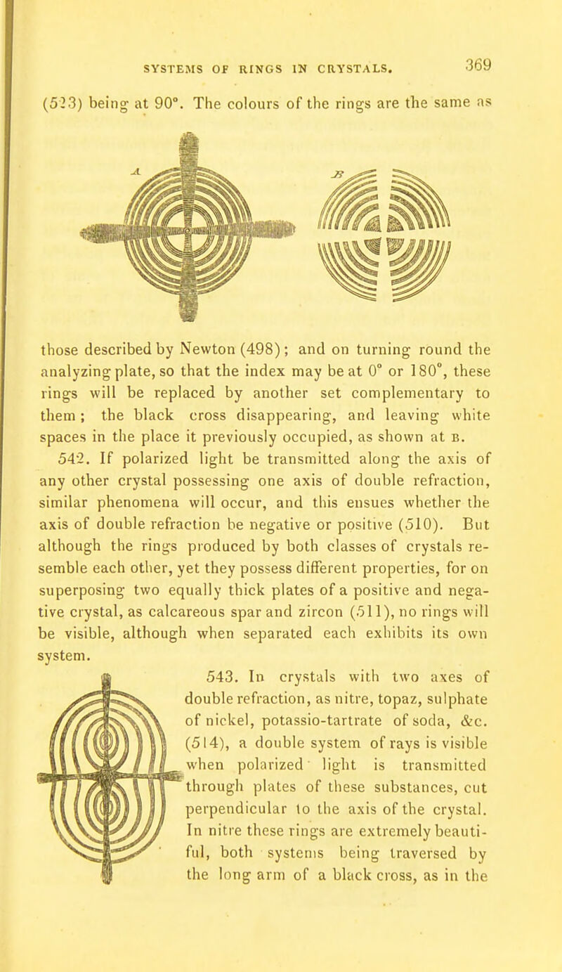 (523) being at 90°. The colours of the rings are the same as those described by Newton (498); and on turning round the analyzing plate, so that the index may beat 0° or 180°, these rings will be replaced by another set complementary to them; the black cross disappearing, and leaving white spaces in the place it previously occupied, as shown at b. 542. If polarized light be transmitted along the axis of any other crystal possessing one axis of double refraction, similar phenomena will occur, and this ensues whether the axis of double refraction be negative or positive (510). But although the rings produced by both classes of crystals re- semble each other, yet they possess different properties, for on superposing two equally thick plates of a positiv e and nega- tive crystal, as calcareous spar and zircon (511), no rings will be visible, although when separated each exhibits its own system. 543. In crystals with two axes of double refraction, as nitre, topaz, sulphate of nickel, potassio-tartrate of soda, &c. (514), a double system of rays is visible when polarized light is transmitted through plates of these substances, cut perpendicular lo the axis of the crystal. In nitre these rings are extremely beauti- ful, both systems being traversed by the long arm of a black cross, as in the