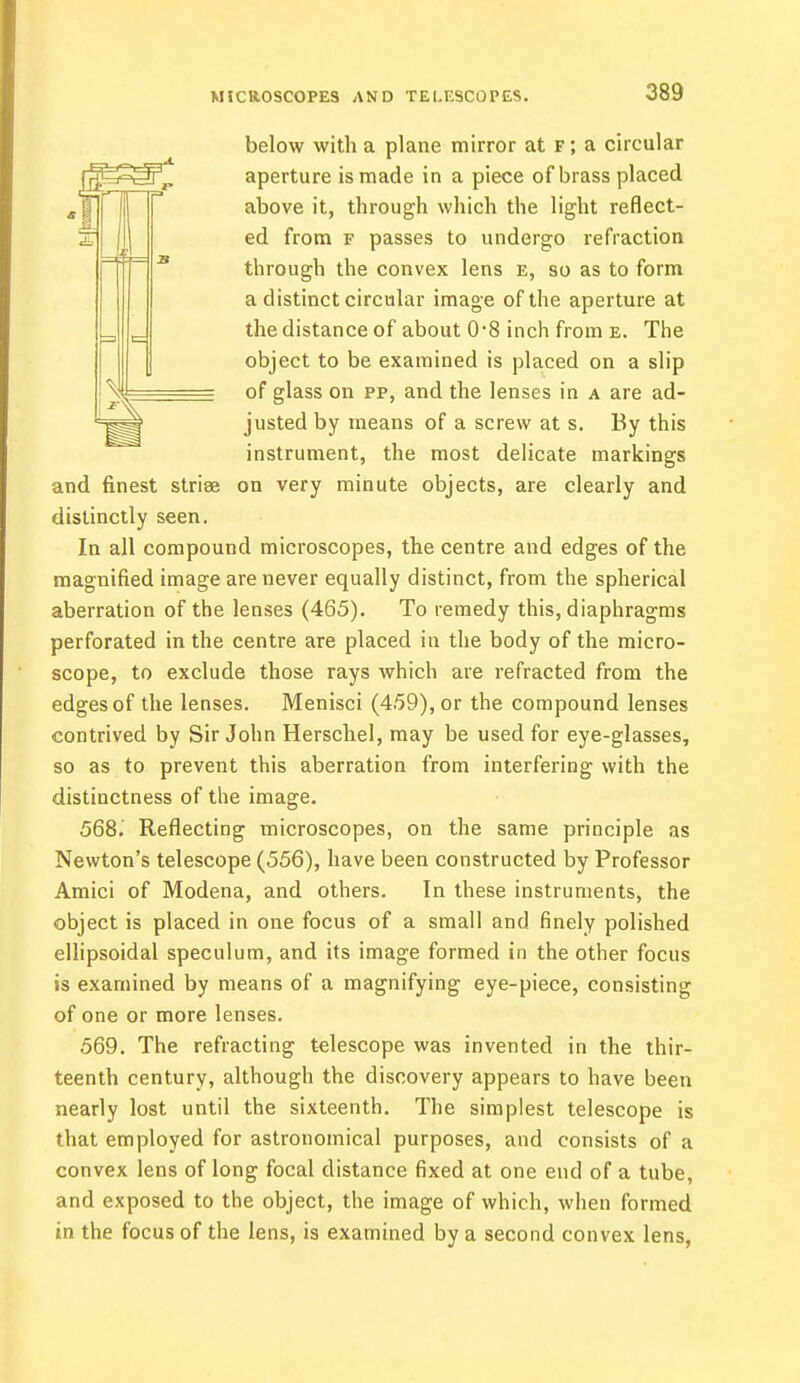 MICROSCOPES AND TELESCOPES. below with a plane mirror at f ; a circular aperture is made in a piece of brass placed above it, through which the light reflect- ed from f passes to undergo refraction through the convex lens e, so as to form a distinct circular image of the aperture at the distance of about 0*8 inch from e. The object to be examined is placed on a slip of glass on pp, and the lenses in a are ad- justed by means of a screw at s. By this instrument, the most delicate markings and finest striae on very minute objects, are clearly and distinctly seen. In all compound microscopes, the centre and edges of the magnified image are never equally distinct, from the spherical aberration of the lenses (465). To remedy this, diaphragms perforated in the centre are placed in the body of the micro- scope, to exclude those rays which are refracted from the edges of the lenses. Menisci (459), or the compound lenses contrived by Sir John Herschel, may be used for eye-glasses, so as to prevent this aberration from interfering with the distinctness of the image. 568.' Reflecting microscopes, on the same principle as Newton's telescope (556), have been constructed by Professor Amici of Modena, and others. In these instruments, the object is placed in one focus of a small and finely polished ellipsoidal speculum, and its image formed in the other focus is examined by means of a magnifying eye-piece, consisting of one or more lenses. 569. The refracting telescope was invented in the thir- teenth century, although the discovery appears to have been nearly lost until the sixteenth. The simplest telescope is that employed for astronomical purposes, and consists of a convex lens of long focal distance fixed at one end of a tube, and exposed to the object, the image of which, when formed in the focus of the lens, is examined by a second convex lens,