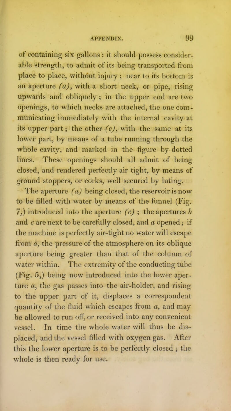 of containing six gallons : it should possess consider- able strength, to admit of its being transported from place to place, without injury ; near to its bottom is an aperture (a), with a short neck, or pipe, rising upwards and obliquely ; in the upper end are two openings, to which necks are attached, the one com- municating immediately with the internal cavity at its upper part; the other (c), with the same at its lower part, by means of a tube running through the whole cavity, and marked in the figure by dotted lines. These openings should all admit of being closed, and rendered perfectly air tight, by means of ground stoppers, or corks, well secured by luting. The aperture (a) being closed, the reservoir is now to be filled with water by means of the funnel (Fig. 7,) introduced into the aperture (c) ; the apertures b and c are next to be carefully closed, and a opened; if the machine is perfectly air-tight no water will escape from a, the pressure of the atmosphere on its oblique aperture being greater than that of the column of water within. The extremity of the conducting tube (Fig. 5,) being now introduced into the lower aper- ture a, the gas passes into the air-holder, and rising to the upper part of it, displaces a correspondent quantity of the fluid which escapes from a, and may be allowed to run off, or received into any convenient vessel. In time the whole water will thus be dis- placed, and the vessel filled with oxygen gas. After this the lower aperture is to be perfectly closed ; the whole is then ready for use.