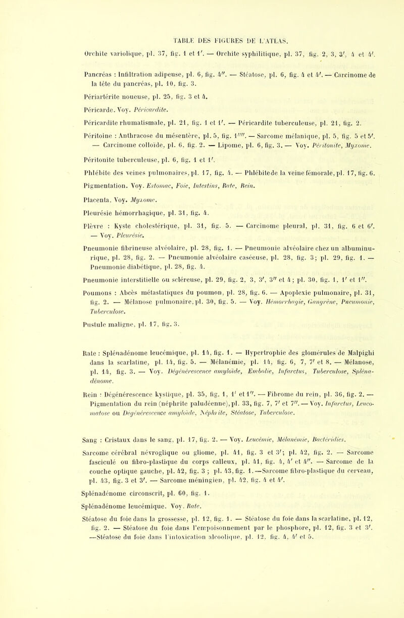 Orchite variolique, pl. 37, fig. t et 1'. — Orchite syphilitique, pl. 37, fig. 2, 3, 3', 4 et 4'. Pancréas : Infiltration adipeuse, pl. 6, flg. 4. — Stéatose, pl. 6, flg. 4 et à'. — Carcinome de la tète du pancréas, pl. 10. flg. 3. Périartérite noueuse, pl. 25, flg. 3 et 4. Péricarde. Voy. Pèricardite. Péricardite rhumatismale, pl. 21, flg. 1 et 1'. — Pèricardite tuberculeuse, pl. 21, flg. 2. Péritoine : Anthracose du mésentère, pl. 5, flg. 1. — Sarcome métallique, pl. 5, flg. 5 et 5'. — Carcinome colloïde, pl. 6. flg. 2. — Lipome, pl. 6, flg. 3. — Voy. Péritonite, Myxome. Péritonite tuberculeuse, pl. G, flg. 1 et 1'. Phlébite des -veines pulmonaires,pl. 17, flg. 4. — Phlébitede la veine fémorale, pl. 17, flg. 6. Pigmentation. Voy. Extourne, Foie, lulestius, Itiite, Hein. Placenta. Voy. Myxome. Pleurésie hémorrhagique, pl. 31, flg. 4. Plèvre : Kyste cholestérique, pl. 31, flg. 5. — Carcinome pleural, pl. 31, flg. 6 et G'. — Voy. Pleurésie. Pneumonie fibrineuse alvéolaire, pl. 28, flg. 1. — Pneumonie alvéolaire chez un albuminu- rique, pl. 28, flg. 2. — Pneumonie alvéolaire caséeuse, pl. 28, flg. 3; pl. 29, flg. 1. — Pneumonie diabétique, pl. 28, flg. 4. Pneumonie interstitielle ou scléreuse, pl. 29, flg. 2, 3, 3', 3 et 4; pl. 30, flg. 1, 1' et i. Poumons : Abcès métastatiques du poumon, pl. 28, flg. G. — Apoplexie pulmonaire, pl. 31, flg. 2. — Mélailose pulmonaire,pl. 30, flg. 5. — Voy. Uviiiorrliaijie, (ïuuf/rrne. Pneumonie, Tuberculose. Pustule maligne, pl. 17, fig. 3. Rate : Splénadénome leucémique, pl. 14, fig. 1. — Hypertrophie des glomérules de Malpighi dans la scarlatine, pl. 14, fig. 5. — Mélanémie, pl. 14, flg. G, 7, 7' et 8. — Mélanose, pl. 14, flg. 3. — Voy. Drtjéiirrexreiirr in/iy/oiile, Embolie, Infarctus, Tuberculose, Spléna- dénome. Rein : Dégénérescence kystique, pl. 35, fig. 1, 1' et 1. — Fibrome du rein, pl. 3G, fig. 2. — Pigmentation du rein (néphrite paludéenne),pl. 33, fig. 7, 7' et 7. — Voy. Infarctus, Leuco- rnatose ou Dégénérescence amyloïde, Néphrite, Stéatose, Tuberculose. Sang : Cristaux dans le sang, pl. 17, fig. 2. — Voy. Leucémie, Mélanémie, Bactéridies. Sarcome cérébral névroglique ou gliome, pl. 41, flg. 3 et 3'; pl. 42, fig. 2. — Sarcome fasciculé ou fibro-plastique du corps calleux, pl. 41, fig. 4, 4' et 4. — Sarcome de la couche optique gauche, pl. 42, fig. 3 ; pl. 43, flg. 1.—Sarcome fibro-plastique du cerveau, pl. 43, fig. 3 et 3'. — Sarcome méningien, pl. 42. fig. 4 et 4'. Splénadénome circonscrit, pl. 60, fig. 1. Splénadénome leucémique. Voy. Rate. Stéatose du foie dans la grossesse, pl. 12, fig. 1. — Stéatose du foie dans la scarlatine, pl. 12, fig. 2. — Stéatose du foie dans l'empoisonnement par le phosphore, pl. 12, flg. 3 et 3'. —Stéatose du foie dans l'intoxication alcoolique, pl. 12. flg. 4, 4' et 5.