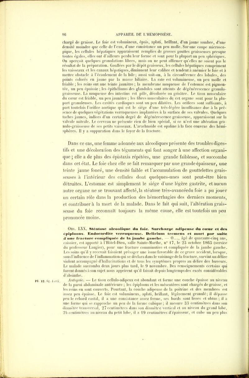 chargé de graisse. Le foie est volumineux, épais, aplati, brillant, d’un jaune sombre, d’une densité moindre que celle de l’eau, d’une consistance un peu molle. Sur une coupe microsco- pique, les cellules hépatiques apparaissent remplies de grosses gouttes graisseuses presque toutes égales, elles ont d’ailleurs perdu leur forme et sont pour la plupart un peu sphériques. On aperçoit quelques granulations libres, mais on ne peut affirmer qu’elles ne soient pas le résultat de la préparation. Gonflées par le dépôt graisseux, les cellules hépatiques compriment les vaisseaux et les canaux hépatiques, diminuent leur calibre et tendent à anémier le foie et à mettre obstacle à l’écoulement de la bile; aussi voit-on, à la circonférence des lobules, des points colorés en jaune par la masse biliaire. La rate est volumineuse, un peu molle et friable ; les reins ont une teinte jaunâtre ; la membrane muqueuse de l’estomac est pigmen- tée, un peu épaissie ; les épithéliums des glandules sont atteints de dégénérescence granulo- graisseuse. La muqueuse des intestins est pâle, décolorée ou grisâtre. Le tissu musculaire du cœur est friable, un peu jaunâtre ; les fibres musculaires de cet organe sont pour la plu- part granuleuses. Les cavités cardiaques sont un peu dilatées. Les orifices sont suffisants, à part toutefois l’orifice aortique qui est le siège d’une très-légère insuffisance due à la pré- sence de quelques végétations verruqueuses implantées à la surface de ses valvules. Quelques taches jaunes, indices d’un certain degré de dégénérescence graisseuse, apparaissent sur la valvule mitrale. Le cerveau ne présente rien de bien spécial, si ce n’est une altération gra- nulo-graisseuse de ses petits vaisseaux. L’arachnoïde est opaline à la face convexe des hémi- sphères. Il y a suppuration dans le foyer de la fracture. Dans ce cas, une femme adonnée aux alcooliques présente des troubles diges- tifs et une décoloration des téguments qui font songer à une affection organi- que ; elle a de plus des épistaxis répétées, une grande faiblesse, et succombe dans cet état. Le foie chez elle se fait remarquer par une grande épaisseur, une teinte jaune foncé, une densité faible et l’accumulation de gouttelettes grais- seuses à l’intérieur des cellules dont quelques-unes sont peut-être bien détruites. L’estomac est simplement le siège d’une légère gastrite, et aucun autre organe ne se trouvant affecté, la stéatose très-avancéedu foie a pu jouer un certain rôle dans la production des hémorrhagies des derniers moments, et contribuera la mort de la malade. Dans le fait qui suit, l’altération grais- seuse du foie reconnaît toujours la même cause, elle est toutefois un peu prononcée moins. Olis. LXX. Stéatose alcoolique du foie. Surcharge adipeuse du cœur et des épiploons. Endocardite verruquciisc. Delirium tremens et mort par suite d’une fracture compliquée de la jambe gauche. — 0..., âgé de quarante-cinq ans, caissier, est apporté à l’Hôtel-Dieu, salle Sainte-Marthe, n° 17, le 23 octobre 1863 (service du professeur Laugier), pour une fracture comminutive et compliquée de la jambe gauche. Les soins qu’il y recevait faisaient présager une issue favorable de ce grave accident, lorsque, sous l’influence de l’inflammation qui se déclara dans le voisinage de la fracture, survint un délire violent accompagné d’hallucinations et de tous les symptômes propres au délire des buveurs. Le malade succomba deux jours plus tard, le 9 novembre. Des renseignements certains qui furent donnés à son sujet nous apprirent qu’il faisait depuis longtemps des excès considérables d’absinthe. i*i i2, fia. /t et4'. Autopsie. — Le tissu cellulo-adipeux est abondant et forme une couche épaisse au niveau de la paroi abdominale antérieure ; les épiploons et les mésentères sont chargés de graisse, et les reins en sont couverts. Pourtant, la couche adipeuse de la poitrine et des membres est assez peu épaisse. Le foie est volumineux, aplati, brillant, légèrement granulé; il dépasse peu le rebord costal, il a une consistance assez ferme, ses bords sont lisses et obtus ; il a une forme qui se rapproche un peu de la forme cubique ; il mesure 33 centimètres dans son diamètre transversal, 27 centimètres dans son diamètre vertical et au niveau du grand lobe, 'lh centimètres au niveau du petit lobe, il a 19 centimètres d’épaisseur, et cube un peu plus