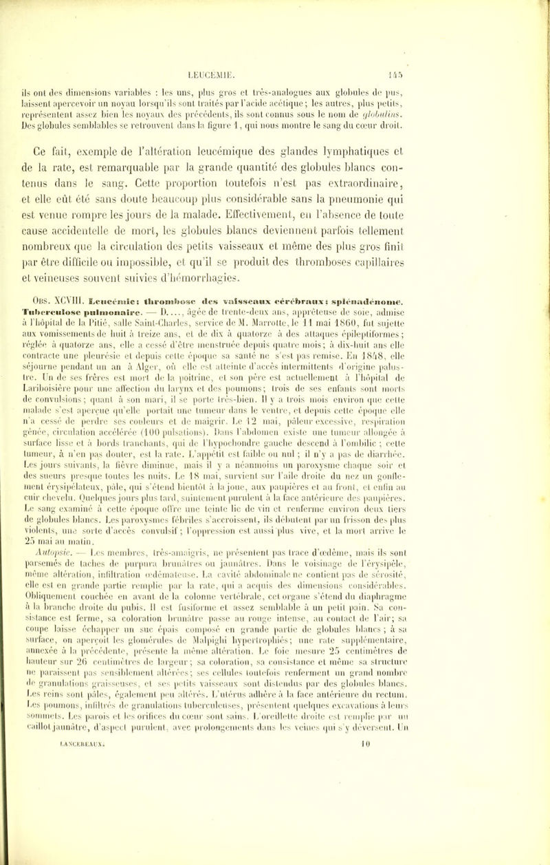 ils ont des dimensions variables : les uns, plus gros et très-analogues aux globules de pus, laissent apercevoir un noyau lorsqu’ils sont traités par l’acide acétique ; les autres, plus petits, représentent assez bien les noyaux des précédents, ils sont connus sous le nom de ylobulins. Des globules semblables se retrouvent dans la figure 1, qui nous montre le sang du cœur droit. Ce fait, exemple de l’altération leucémique des glandes lymphatiques et de la rate, est remarquable par la grande quantité des globules blancs con- tenus dans le sang. Cette proportion toutefois n’est pas extraordinaire, et elle eût été sans doute beaucoup plus considérable sans la pneumonie qui est venue rompre les jours de la malade. Effectivement, en l’absence de toute cause accidentelle de mort, les globules blancs deviennent parfois tellement nombreux que la circulation des petits vaisseaux et même des plus gros finit par être difficile ou impossible, et qu’il se produit des thromboses capillaires et veineuses souvent suivies d’hémorrhagies. Obs. XCVIII. ILeiiccmic; thrombose «les vaisseaux cérébraux; splénadénome. Tuberculose puintoiiaire. — D...., âgée de trente-deux ans, apprêteuse de soie, admise à l’hôpital de la Pitié, salle Saint-Charles, service deM. Marrotte,le 11 mai 1860, fut sujette aux vomissements de huit à treize ans, et de dix à quatorze à des attaques épileptiformes; réglée à quatorze ans, elle a cessé d’être menstruée depuis quatre mois; à dix-huit ans elle contracte une pleurésie et depuis cette époque sa santé ne s’est pas remise. En 18h8, elle séjourne pendant un an à Alger, où elle est atteinte d’accès intermittents d’origine palus- tre. Un de ses frères est mort de la poitrine, et son père est actuellement à l’hôpilal de Lariboisière pour une affection du larynx et des poumons; trois de ses enfants sont morts de convulsions; quant à son mari, il se porte très-bien. 11 y a trois mois environ que cette malade s’est aperçue qu’elle portait une tumeur dans le ventre, et depuis cette époque elle n’a cessé de perdre ses couleurs et de maigrir. Le 12 mai, pâleur excessive, respiration gênée, circulation accélérée (100 pulsations). Dans l’abdomen existe une tumeur allongée à surface lisse et à bords tranchants, qui de l’hypochondre gauche descend à l’ombilic ; cette tumeur, à n’en pas douter, est la rate. L’appétit est faible ou nul ; il n’y a pas de diarrhée. Les jours suivants, la fièvre diminue, mais il y a néanmoins un paroxysme chaque soir et des sueurs presque toutes les nuits. Le 18 mai, survient sur l’aile droite du nez un gonfle- ment érysipélateux, pâle, qui s’étend bientôt à la joue, aux paupières et au front, et enfin au cuir chevelu. Quelques jours plus tard, suintement purulent à la face antérieure des paupières. Le sang examiné à cette époque offre une teinte lie de vin et renferme environ deux tiers de globules blancs. Les paroxysmes fébriles s’accroissent, ils débutent par un frisson des plus violents, une sorte d’accès convulsif; l’oppression est aussi plus vive, et la mort arrive le 25 mai au matin. Autopsie. — Les membres, très-amaigris, ne présentent, pas trace d’œdème, mais ils sont parsemés de taches de purpura brunâtres ou jaunâtres. Dans le voisinage de l’érysipèle, même altération, infiltration œdémateuse. La cavité abdominale ne contient pas de sérosité, elle est en grande partie remplie par la rate, qui a acquis des dimensions considérables. Obliquement couchée en avant delà colonne vertébrale, cet organe s’étend du diaphragme a la branche droite du pubis, il est fusiforme et assez semblable à un petit pain. Sa con- sistance est ferme, sa coloration brunâtre passe au rouge intense, au contact de l’air; sa coupe laisse échapper un suc épais composé en grande partie de globules blancs ; à sa surface, on aperçoit les glomérules de Malpighi hypertrophiés; une rate supplémentaire, annexée à la précédente, présente la même altération. Le foie mesure 25 centimètres de hauteur sur 26 centimètres de largeur; sa coloration, sa consistance et même sa structure ne paraissent pas sensiblement altérées; ses cellules toutefois renferment un grand nombre de granula tions graisseuses, et ses pci ils vaisseaux sont distendus par des globules blancs. Les reins sont pâles, également peu altérés. L’utérus adhère à la face antérieure du rectum. Les poumons, infiltrés de granulations tuberculeuses, présentent quelques excavations à leurs sommets. Les parois et les orifices du cœur sont sains. L'oreillette droite est remplie par un caillot jaunâtre, d’aspect purulent, avec prolongements dans les veines qui s’y déversent. Un LANCEIIEAUX. 10