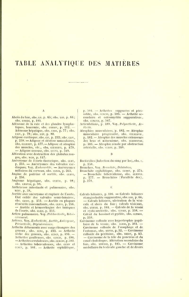 TABLE ANALYTIQUE DES MATIÈRES A Abcès du foie, obs. lu, p. 65; obs. lui, p. 66 ; obs. ljxxn, p. 104. Adénome de la rate et des glandes lympha- tiques, leucémie, obs. i.xxxiv, p. 112. — Adénome hépatique, obs. lxiii, p. 77 ; obs. lxiv, p. 78; obs. lxv, p. 80. Adipose cardiaque, obs. cli, p. 232 ; obs. cliv, p. 238.—Adipose et stéatose musculaires, obs. cclxxxv, p. 477.— Adipose et atrophie des muscles, etc., obs. cclxxxvi, p. 479. — Adipose osseuse, obs. cccvi, p. 518. Altération avec destruction des globules rou- ges, obs. xeix, p. 147. Anévrysme de l’aorte thoracique, obs. clxv, p. 255. — Anévrysmes des valvules car- diaques. Yoy. Endocardite. — Anévrysmes miliaires du cerveau, obs. clxix, p. 263. Angine de poitrine et aortite, obs. clxvi, p. 256. Angiome hépatique, obs. lxxvii, p. 98; obs. lxxviii, p. 99. Anthracose intestinale et pulmonaire, obs. xxxv, p. 38. Aortite avec anévrysme et rupture de l’aorte. État criblé des valvules semi-lunaires, obs. clxiv, p. 254. —- Aortite en plaques et névrite concomitante, obs. clxvi, p. 256. — Aortite et hémorrhagies des tuniques de l'aorte, obs. clxii, p. 253. Artère pulmonaire. Voy. Phlébartérite, Rétré- cissement. Artères. Voy, Endartérite, Aortite, Anévrysme, Périartérite, Dégénérescence. Arthrite déformante avec corps étrangers des genoux , obs. eexe, p. 493. — Arthrite sèche des genoux, obs. ccxct, p. 494. — Arthrites goutteuses, obs. ccxcu, p. 496. —Arthrites scrofuleuses, obs.ccxcui, p.502. — Arthrites tuberculeuses, obs. ccxiv et Ccxcv, p. 501. — Arthrite syphilitique, p. 504. — Arthrites supputées et péri- ostite, obs. ccxcvi, p. 505. — Arthrite se- condaire et ostéomyélite suppuratives, obs. ccxcvii, p. 507. Articulations, p. 489. Yoy. Polyarthrite, Ar- thrite. Atrophies musculaires, p. 482. — Atrophie musculaire progressive, obs. cclxxxvii , p. 482. — Atrophie des muscles extenseurs des bras et saturnisme, obs. cclxxxviii, p. 484. — Atrophie rénale par obstruction artérielle, obs. ccxni, p, 348. B Bactéridies (Infection du sang par les), obs. c, p. 150. Bronches. Yoy. Bronchite, Dilatation. Bronchite syphilitique, obs. clxxv, p. 274. — Bronchite tuberculeuse, obs. clxxvii, p. 277. — Bronchites (Parallèle des), p. 278. C Calculs biliaires, p. 106. — Calculs biliaires et angiocholite suppurative, obs. lui, p. 66. — Calculs biliaires, ulcération de la vési- cule et abcès du foie; calculs vésicaux, obs. lxxxii. p. 104. — Calculs de la vessie et cysto-uretérite, obs. ccxxn, p. 358. — Calcul du bassinet et pyélite, obs. ccxxm, p. 359. Carcinome colloïde avec hypertrophie papil- laire de la vessie, obs. ccxxi, p. 361. — Carcinome colloïde de l’œsophage et de l’estomac, obs. xxviii, p. 32. — Carcinome colloïde du péritoine, obs. xxxiv, p. 43. — Carcinome de la tète du pancréas et du canal cholédoque. Altération secondaire du foie, obs. lxxxiii, p. 105. — Carcinome médullairedu testicule gauche et de divers