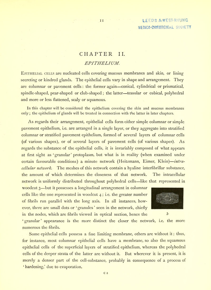 L£EDS JtWCST-RIDjHC ^EDICO-CHffiURClCAl SOCIETY 11 CHAPTER II. EPITHELIUM. Epithelial cells are nucleated cells covering mucous membranes and skin, or lining secreting or kindred glands. The epithelial cells vary In shape and arrangement. They are columnar or pavement cells: the former again—conical, cylindrical or prismatical, spindle-shaped, pear-shaped or club-shaped ; the latter—tessular or cubical, polyhedral and more or less flattened, scaly or squamous. In this chapter will be considered the epithelium covering the skin and mucous membranes only; the epithelium of glands will be treated in connection with the latter in later chapters. As regards their arrangement, epithelial cells form either simple columnar or simple pavement epithelium, i.e. are arranged in a single layer, or they aggregate into stratified columnar or stratified pavement epithelium, formed of several layers of columnar cells (of various shapes), or of several layers of pavement cells (of various shapes). As regards the substance of the epithelial cells, it Is invariably composed of what appears at first sight as ‘granular’ protoplasm, but what is in reality (when examined under certain favourable conditions) a minute network (Heitzmann, Elmer, Klein)—inUa- cellular network. The meshes of this network contain a hyaline interfibrillar substance, the amount of which determines the closeness of that network. The intracellular network is uniformly distributed throughout polyhedral cells—like that represented in woodcut 3—but it possesses a longitudinal arrangement in columnar cells like the one represented in woodcut 4; i.e. the greater number of fibrils run parallel with the long axis. In all instances, how- ever, there are small dots or ‘ granules ’ seen in the network, chiefly in the nodes, which are fibrils viewed In optical section, hence the ‘ granular ’ appearance is the more distinct the closer the network, i.e. the more numerous the fibrils. Some epithelial cells possess a fine limiting membrane, others are without it; thus, for instance, most columnar epithelial cells have a membrane, so also the squamous epithelial cells of the superficial layers of stratified epithelium, whereas the polyhedral cells of the deeper strata of the latter are without it. But wherever It Is present, it is merely a denser part of the cell-substance, probably in consequence of a process of ‘ hardening,’ due to evaporation.