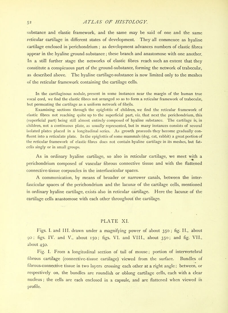 substance and elastic framework, and the same may be said of one and the same reticular cartilage in different states of development. They all commence as hyaline cartilage enclosed in perichondrium ; as development advances numbers of elastic fibres appear in the hyaline ground-substance; these branch and anastomose with one another. In a still further stage the networks of elastic fibres reach such an extent that they constitute a conspicuous part of the ground-substance, forming the network of trabeculae, as described above. The hyaline cartilage-substance is now limited only to the meshes of the reticular framework containing the cartilage cells. In the cartilaginous nodule, present in some instances near the margin of the human true vocal cord, we find the elastic fibres not arranged so as to form a reticular framework of trabeculae, but permeating the cartilage as a uniform network of fibrils. Examining sections through the epiglottis of children, we find the reticular framework of elastic fibres not reaching quite up to the superficial part, viz. that next the perichondrium, this (superficial part) being still almost entirely composed of hyaline substance. The cartilage is, in children, not a continuous plate, as usually represented, but in many instances consists of several isolated plates placed in a longitudinal series. As growth proceeds they become gradually con- fluent into a reticulate plate. In the epiglottis of some mammals (dog, cat, rabbit) a great portion of the reticular framework of elastic fibres does not contain hyaline cartilage in its meshes, but fat- cells singly or in small groups. As in ordinary hyaline cartilage, so also in reticular cartilage, we meet with a perichondrium composed of vascular fibrous connective tissue and with the flattened connective-tissue corpuscles in the interfascicular spaces. A communication, by means of broader or narrower canals, between the inter- fascicular spaces of the perichondrium and the lacunae of the cartilage cells, mentioned in ordinary hyaline cartilage, exists also in reticular cartilage. Here the lacunae of the cartilage cells anastomose with each other throughout the cartilage. PLATE XL Figs. I. and III. drawn under a magnifying power of about 350 ; fig. II., about 90; figs. IV. and V., about 150; figs. VI. and VIII., about 350; and fig. VIL, about 450. F'ig. I. From a longitudinal section of tail of mouse; portion of intervertebral fibrous cartilage (connective-tissue cartilage) viewed from the surface. Bundles of fibrous-connective tissue in two layers crossing each other at a right angle; between, or respectively on, the bundles are roundish or oblong cartilage cells, each with a clear nucleus ; the cells are each enclosed in a capsule, and are flattened when viewed in profile.