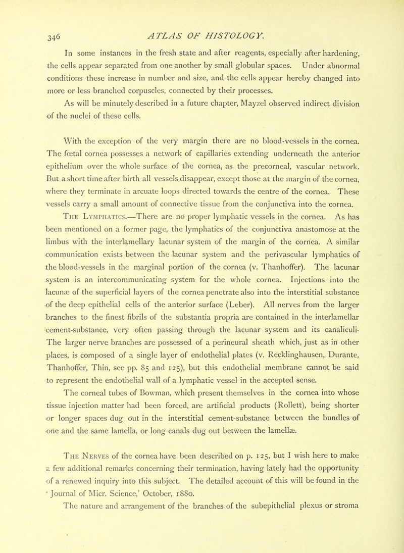 In some instances in the fresh state and after reagents, especially after hardening, the cells appear separated from one another by small globular spaces. Under abnormal conditions these increase in number and size, and the cells appear hereby changed into more or less branched corpuscles, connected by their processes. As will be minutely described in a future chapter, Mayzel observed indirect division of the nuclei of these cells. With the exception of the very margin there are no blood-vessels in the cornea. The foetal cornea possesses a network of capillaries extending underneath the anterior epithelium over the whole surface of the cornea, as the precorneal, vascular network. But a short time after birth all vessels disappear, except those at the margin of the cornea, where they terminate in arcuate loops directed towards the centre of the cornea. These vessels carry a small amount of connective tissue from the conjunctiva into the cornea. The Lymphatics.—There are no proper lymphatic vessels in the cornea. As has been mentioned on a former page, the lymphatics of the conjunctiva anastomose at the limbus with the interlamellary lacunar system of the margin of the cornea. A similar communication exists between the lacunar system and the perivascular lymphatics of the blood-vessels in the marginal portion of the cornea (v. Thanhoffer). The lacunar system is an intercommunicating system for the whole cornea. Injections into the lacunae of the superficial layers of the cornea penetrate also into the interstitial substance of the deep epithelial cells of the anterior surface (Leber). All nerves from the larger branches to the finest fibrils of the substantia propria are contained in the interlamellar cement-substance, very often passing through the lacunar system and its canaliculi- The larger nerve branches are possessed of a perineural sheath which, just as in other places, is composed of a single layer of endothelial plates (v. Recklinghausen, Durante, Thanhoffer, Thin, see pp. 85 and 125), but this endothelial membrane cannot be said to represent the endothelial wall of a lymphatic vessel in the accepted sense. The corneal tubes of Bowman, which present themselves in the cornea into whose tissue injection matter had been forced, are artificial products (Rollett), being shorter or longer spaces dug out in the interstitial cement-substance between the bundles of one and the same lamella, or long canals dug out between the lamellae. The Nerves of the cornea have been described on p. 125, but I wish here to make a few additional remarks concerning their termination, having lately had the opportunity of a renewed inquiry into this subject. The detailed account of this will be found in the ‘ Journal of Micr. Science,’ October, 1880. The nature and arrangement of the branches of the subepithelial plexus or stroma