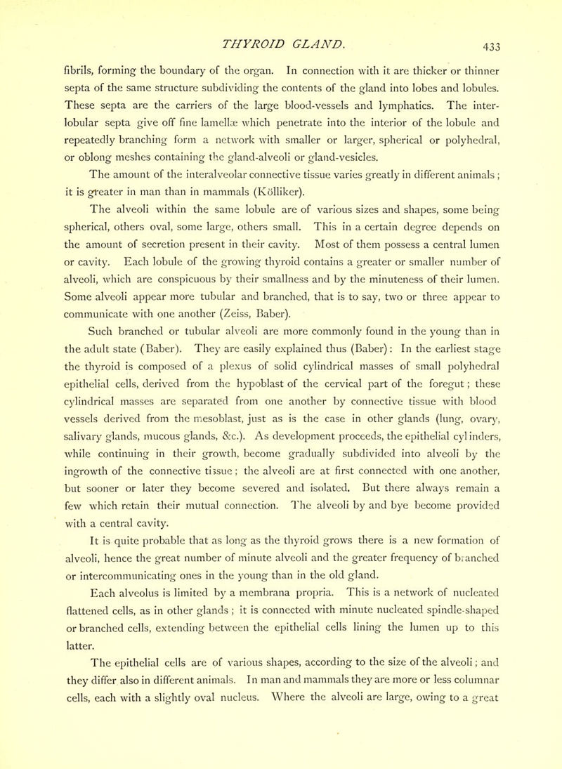 THYROID GLAND. 4-^ ^ v:>o fibrils, forming the boundary of the organ. In connection with it are thicker or thinner septa of the same structure subdividing the contents of the gland into lobes and lobules. These septa are the carriers of the large blood-vessels and lymphatics. The inter- lobular septa give off fine lamellae which penetrate into the interior of the lobule and repeatedly branching form a network with smaller or larger, spherical or polyhedral, or oblong meshes containing the gland-alveoli or gland-vesicles. The amount of the interalveolar connective tissue varies greatly in different animals ; it is greater in man than in mammals (Kolliker). The alveoli within the same lobule are of various sizes and shapes, some being spherical, others oval, some large, others small. This in a certain degree depends on the amount of secretion present in their cavity. Most of them possess a central lumen or cavity. Each lobule of the growing thyroid contains a greater or smaller number of alveoli, which are conspicuous by their smallness and by the minuteness of their lumen. Some alveoli appear more tubular and branched, that is to say, two or three appear to communicate with one another (Zeiss, Baber). Such branched or tubular alveoli are more commonly found in the young than in the adult state (Baber). They are easily explained thus (Baber): In the earliest stage the thyroid is composed of a plexus of solid cylindrical masses of small polyhedral epithelial cells, derived from the hypoblast of the cervical part of the foregut; these cylindrical masses are separated from one another by connective tissue with blood vessels derived from the mesoblast, just as is the case in other glands (lung, ovary, salivary glands, mucous glands, &c.). As development proceeds, the epithelial cyl inders, while continuing in their growth, become gradually subdivided into alveoli by the ingrowth of the connective tissue ; the alveoli are at first connected with one another, but sooner or later they become severed and isolated. But there always remain a few which retain their mutual connection, d'he alveoli by and bye become provided with a central cavity. It is quite probable that as long as the thyroid grows there is a new formation of alveoli, hence the great number of minute alveoli and the greater frequency of branched or intercommunicating ones in the young than in the old gland. Each alveolus is limited by a membrana propria. This is a network of nucleated flattened cells, as in other glands ; it is connected with minute nucleated spindle-shaped or branched cells, extending between the epithelial cells lining the lumen up to this latter. The epithelial cells are of various shapes, according to the size of the alveoli; and they differ also in different animals. In man and mammals they are more or less columnar cells, each with a slightly oval nucleus. Where the alveoli are large, owing to a great