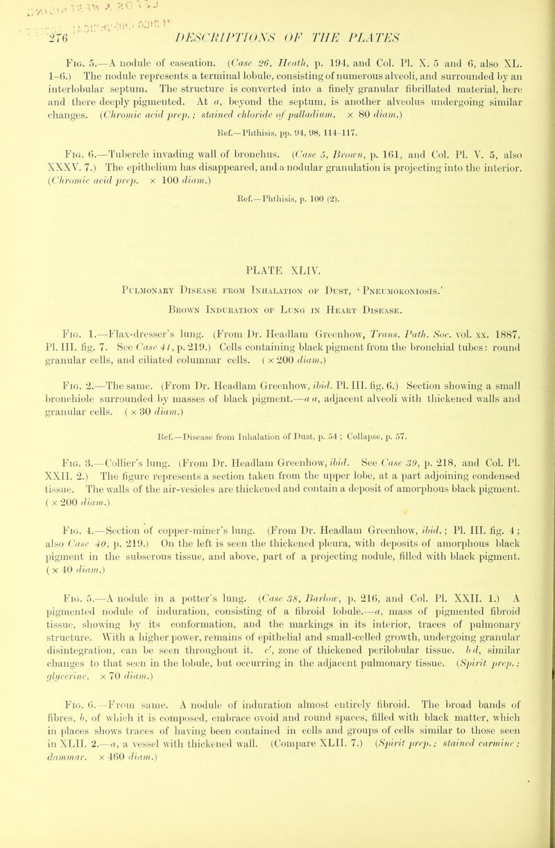 r-.-.tn )•■ Fig, 5.—A nodule of caseation. (Case 26, Heath, p. 194, and Col. PI. X. 5 and 6, also XL. 1-6.) The nodule represents a terminal lobule, consisting of numerous alveoli, and surrounded by an interlobular septum. The structure is converted into a finely granular fibrillated material, here and there deeply pigmented. At a, beyond the septum, is another alveolus undergoing similar changes. (ChroDiic acid prep.; stained, chloride of paUtuUani. x 80 diam.) Ref.— Phthisis, pp. 94, 98, 114-117. Fig. 6.—Tubercle invading wall of bronchus. (Case 5, Broirn, p. 161, and Col. PL V. 5, also XXXV. 7.) The epithelium has disappeared, and a nodular granulation is projecting into the interior. (C'hroniir acid jrrej). x 100 diam.) Ref.—Phthisis, p. 100 (2). PLATE XLIV. Pulmonary Disease from Inhalation of Dust, ‘ Pneumokoniosis.’ ]3rown Induration of Lung in Heart Disease. Fig. 1.—Flax-dresser’s lung. (From Dr. Headlani Greenhow, Trans. Path. Soc. vol, xx, 1887, Pi. III. fig. 7. See Case 4/, p. ‘219.) Cells containing black pigment from the bronchial tubes: round granular cells, and ciliated columnar cells. ( x ‘200 diam.) Fig. 2.—The same. (From Dr. Headlani Greenhow, ihid. PI. HI. fig. 6.) Section showing a small lironchiole surrounded by masses of black pigment,—a a, adjacent alveoli with thickened walls and granular cells. ( x 30 diam.) Ref.—Disease from Inhalation of Dust. p. 54 ; Collapse, p. 57. Fig. 3.—Collier’s lung. (From Dr. Headlani Greenhow, ihid. See Case 30, p. 218, and Col. PI, XXII. 2.) The figure represents a section taken from the upper lol)e, at a part adjoining condensed tissue. The walls of the air-vesicles are thickened and contain a deposit of amorphous black pigment. ( X 200 diam.) Fig. 4.—Section of copper-miner’s lung. (From Dr. Headlani Greenhow, ihid.; PI. HI. fig. 4; also Case 40, p. 219.) On the left is seen the thickened pleura, with deposits of amorphous black pigment in the subserous tissue, and above, jiart of a projecting nodule, filled with black pigment. ( X 40 diam.) Fig. 5.—a nodule in a potter's lung. (Case 38, Barlow, p. 216, and Col. PI. XXII. 1.) A pigmented nodule of induration, consisting of a fibroid loI)iile,—a, mass of pigmented fibroid tissue, showing by its conformation, and the markings in its interior, traces of pulmonary structure. With a higher power, remains of epithelial and small-celled growth, undergoing granular disintegration, can be seen throughout it. F, zone of thickened perilobular tissue, hd, similar changes to tha,t seen in the lobule, but occurring in the adjacent pulmonary tissue. (Spirit prep. ; (jlpcerine. x 70 diam.) Fig. 6.—From same. A nodule of induration almost entirely fibroid. The broad bands of fibres, h, of wbich it is composed, embrace ovoid and round spaces, filled with black matter, which in places shows traces of having been contained in cells and gl'oups of cells similar to those seen in XLH. 2.—a, a vessel with thickened wall. (Compare XLH. 7.) [Spirit prep.; stained carmine ; dammar, x 460 diam.)