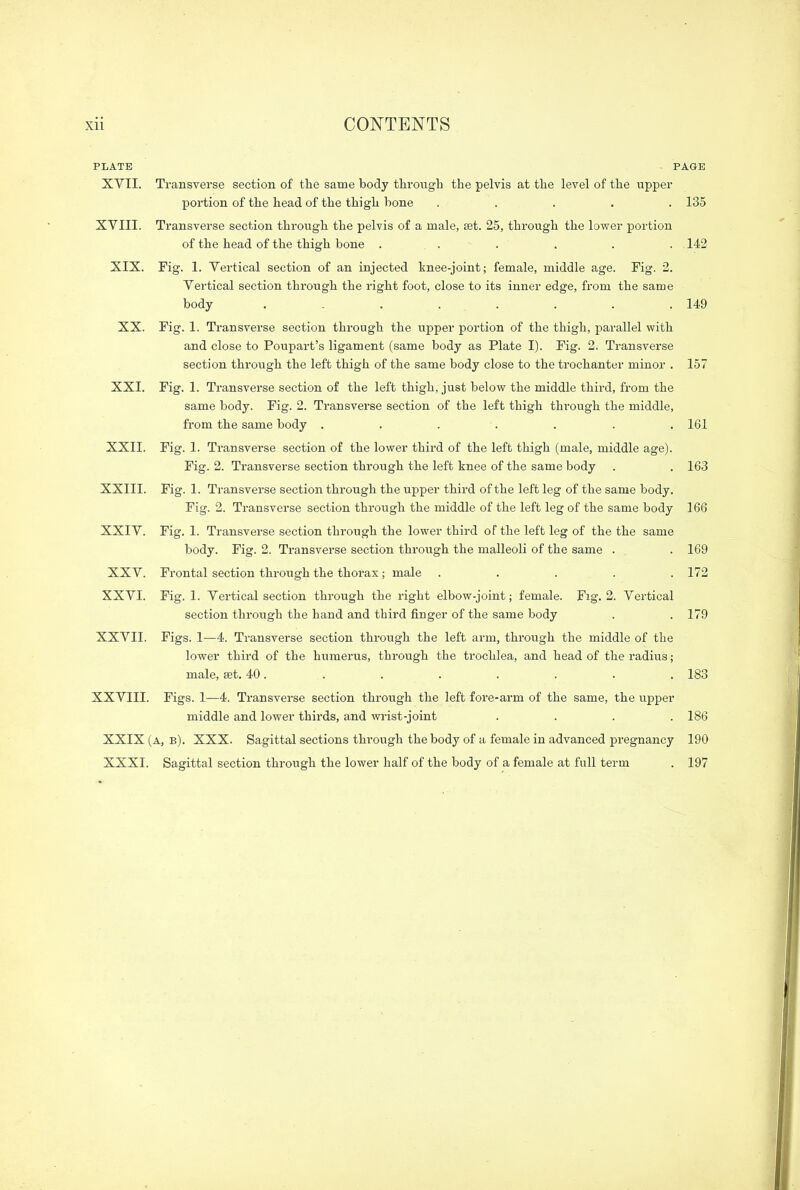 XVII. Transverse section of the same body through the pelvis at the level of the upper portion of the head of the thigh bone ..... 135 XVIII. Transverse section through the pelvis of a male, set. 25, through the lower portion of the head of the thigh bone ...... 142 XIX. Fig. 1. Vertical section of an injected knee-joint; female, middle age. Fig. 2. Vertical section through the right foot, close to its inner edge, from the same body ........ 149 XX. Fig. 1. Transverse section through the upper portion of the thigh, parallel with and close to Poupart’s ligament (same body as Plate I). Fig. 2. Transverse section through the left thigh of the same body close to the trochanter minor . 157 XXI. Fig. 1. Transverse section of the left thigh, just below the middle third, from the same body. Fig. 2. Transverse section of the left thigh through the middle, from the same body . . . . . . .161 XXII. Fig. 1. Transverse section of the lower third of the left thigh (male, middle age). Fig. 2. Transverse section through the left knee of the same body . . 163 XXIII. Fig. 1. Transverse section through the upper third of the left leg of the same body. Fig. 2. Transverse section through the middle of the left leg of the same body 166 XXIV. Fig. 1. Transverse section through the lower third of the left leg of the the same body. Fig. 2. Transverse section through the malleoli of the same . . 169 XXV. Frontal section through the thorax; male ..... 172 XXVI. Fig. 1. Vertical section through the right elbow-joint; female. Fig. 2. Vertical section through the hand and third finger of the same body . . 179 XXVII. Figs. 1—4. Transverse section through the left arm, through the middle of the lower third of the humerus, through the trochlea, and head of the radius; male, set. 40. . . . . . . . 183 XXVIII. Figs. 1—4. Transverse section through the left fore-arm of the same, the upper middle and lower thirds, and wrist-joint .... 186 XXIX (a, b). XXX. Sagittal sections through the body of a female in advanced pregnancy 190 XXXI. Sagittal section through the lower half of the body of a female at full term . 197