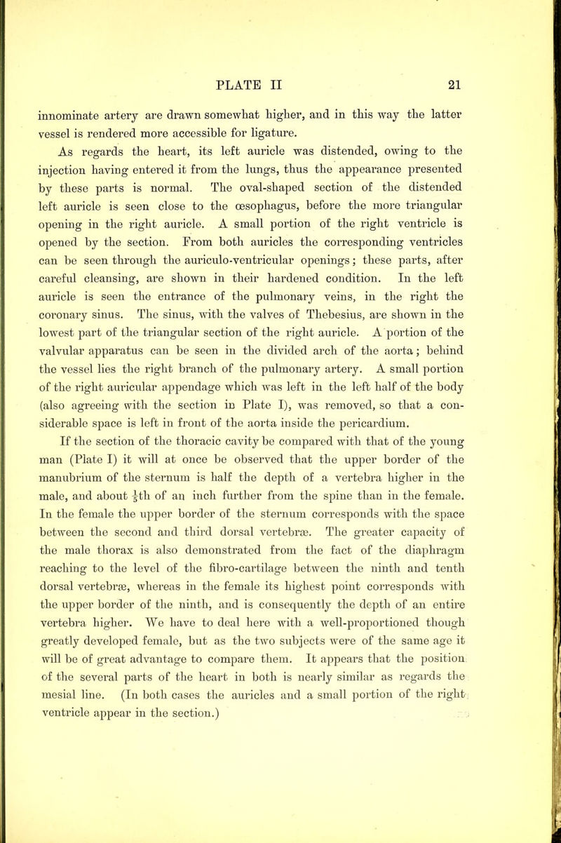 innominate artery are drawn somewhat higher, and in this way the latter vessel is rendered more accessible for ligature. As regards the heart, its left auricle was distended, owing to the injection having entered it from the lungs, thus the appearance presented by these parts is normal. The oval-shaped section of the distended left auricle is seen close to the oesophagus, before the more triangular opening in the right auricle. A small portion of the right ventricle is opened by the section. From both auricles the corresponding ventricles can be seen through the auriculo-ventricular openings; these parts, after careful cleansing, are shown in their hardened condition. In the left auricle is seen the entrance of the pulmonary veins, in the right the coronary sinus. The sinus, with the valves of Thebesius, are shown in the lowest part of the triangular section of the right auricle. A portion of the valvular apparatus can be seen in the divided arch of the aorta; behind the vessel lies the right branch of the pulmonary artery. A small portion of the right auricular appendage which was left in the left half of the body (also agreeing with the section iD Plate I), was removed, so that a con- siderable space is left in front of the aorta inside the pericardium. If the section of the thoracic cavity be compared with that of the young man (Plate I) it will at once be observed that the upper border of the manubrium of the sternum is half the depth of a vertebra higher in the male, and about yth of an inch further from the spine than in the female. In the female the upper border of the sternum corresponds with the space between the second and third dorsal vertebras. The greater capacity of the male thorax is also demonstrated from the fact of the diaphragm reaching to the level of the fibro-cartilage between the ninth and tenth dorsal vertebras, whereas in the female its highest point corresponds with the upper border of the ninth, and is consequently the depth of an entire vertebra higher. We have to deal here with a well-proportioned though greatly developed female, but as the two subjects were of the same age it will be of great advantage to compare them. It appears that the position of the several parts of the heart in both is nearly similar as regards the mesial line. (In both cases the auricles and a small portion of the right ventricle appear in the section.)