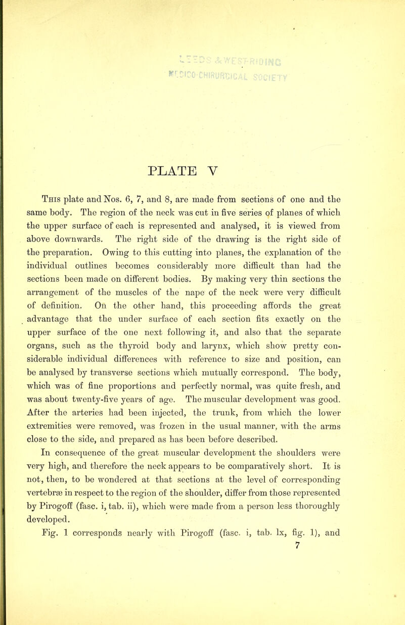 This plate and Nos. 6, 7, and 8, are made from sections of one and the same body. The region of the neck was cut in five series of planes of wliicli the upper surface of each is represented and analysed, it is viewed from above downwards. The right side of the drawing is the right side of the preparation. Owing to this cutting into planes, the explanation of the individual outlines becomes considerably more difficult than had the sections been made on different bodies. By making very thin sections the arrangement of the muscles of the nape of the neck were very difficult of definition. On the other hand, this proceeding affords the great advantage that the under surface of each section fits exactly on the upper surface of the one next following it, and also that the separate organs, such as the thyroid body and larynx, which show pretty con- siderable individual differences with reference to size and position, can be analysed by transverse sections which mutually correspond. The body, which was of fine proportions and perfectly normal, was quite fresh, and was about twenty-five years of age. The muscular development was good. After the arteries had been injected, the trunk, from which the lower extremities were removed, was frozen in the usual manner, with the arms close to the side, and prepared as has been before described. In consequence of the great muscular development the shoulders were very high, and therefore the neck appears to be comparatively short. It is not, then, to be wondered at that sections at the level of corresponding vertebra in respect to the region of the shoulder, differ from those represented by Pirogoff (fasc. i, tab. ii), which were made from a person less thoroughly developed. Fig. 1 corresponds nearly with Pirogoff (fasc. i, tab. lx, fig. 1), and 7