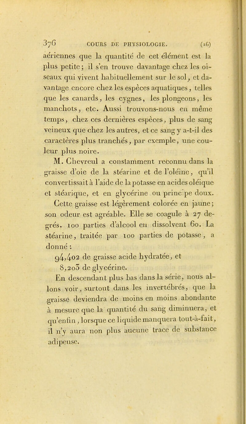 aériennes que la quantité de cet élément est la plus petite ; il s'en trouve davantage chez les oi- seaux qui vivent habituellement sur le sol, et da- vantage encore chez les espèces aquatiques , telles que les canards, les cygnes, les plongeons, les manchots, etc. Aussi trouvons-nous en même temps, chez ces dernières espèces,, plus de sang veineux que chez les autres, et ce sang y a-t-il des caractères plus tranchés, par exemple, une cou- leur plus noire. M. Chevreul a constamment reconnu dans la graisse d'oie de la stéarine et de l'oléine, qu'il convertissait à l'aide de la potasse en acides oléique et stéarique, et en glycérine ou principe doux. Cette graisse est légèrement colorée en jaune; son odeur est agréable. Elle se coagule à 27 de- grés. 100 parties d'alcool en dissolvent 60. La stéarine, traitée par 100 parties de potasse, a donné : g4,4o2 de graisse acide hydratée, et 8,2o3 de glycérine. En descendant plus bas dans la série, nous al- lons voir, surtout dans les invertébrés, que la graisse deviendra de moins en moins abondante à mesure que la quantité du sang diminuera, et qu'enfin, lorsque ce liquide manquera tout-à-fait, il n'y aura non plus aucune trace de substance adipeuse.